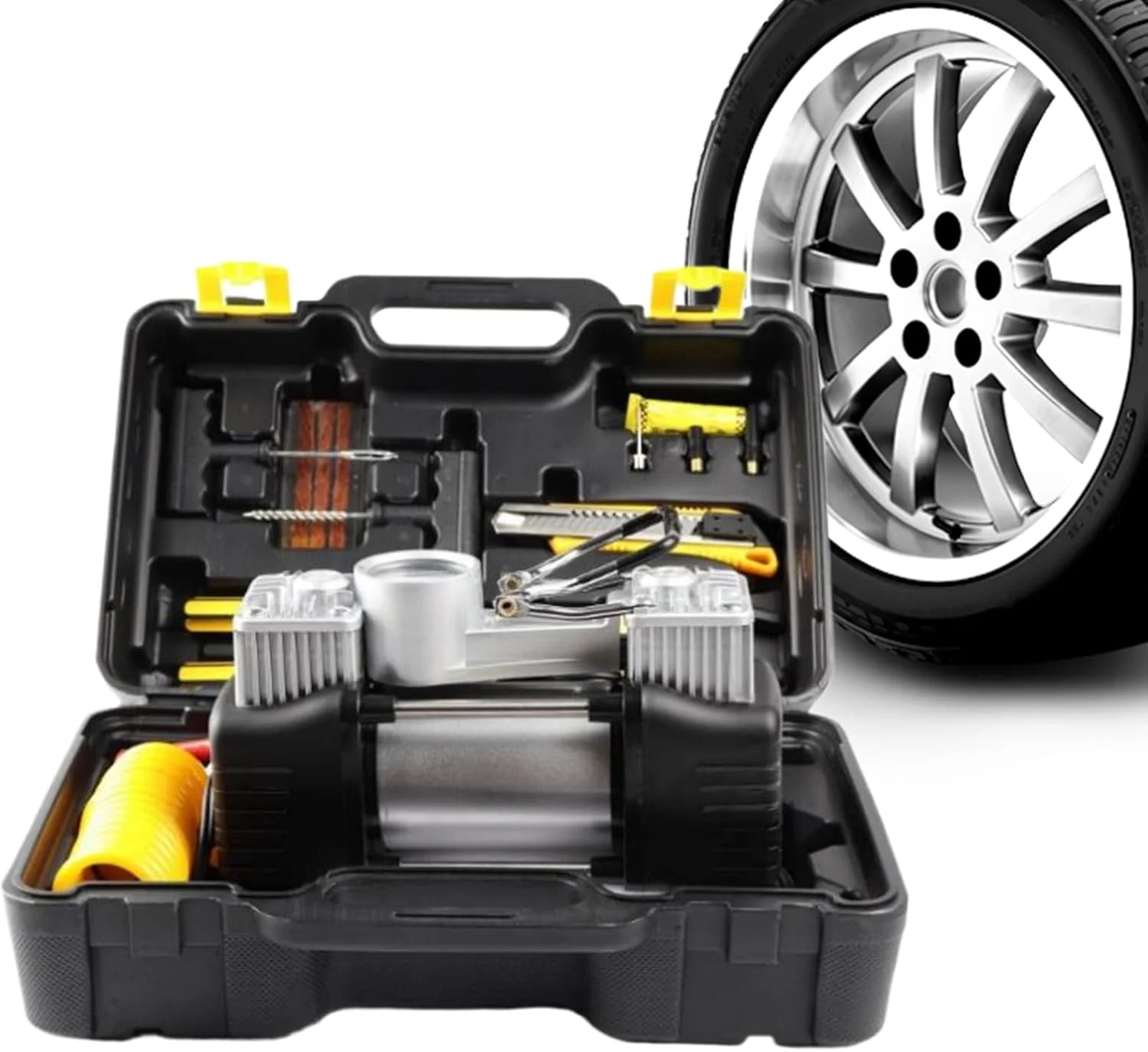 جعبه ابزار کمپرسور هوا، کیت ابزار تعمیر در فضای باز | مجموعه پمپ باد فشار قوی 12 ولت برای دوچرخه، موتور سیکلت، کامیون، RV، کمپینگ، مسافرت، مصارف خانگی، شرایط اضطراری و کمک های کنار جاده ای