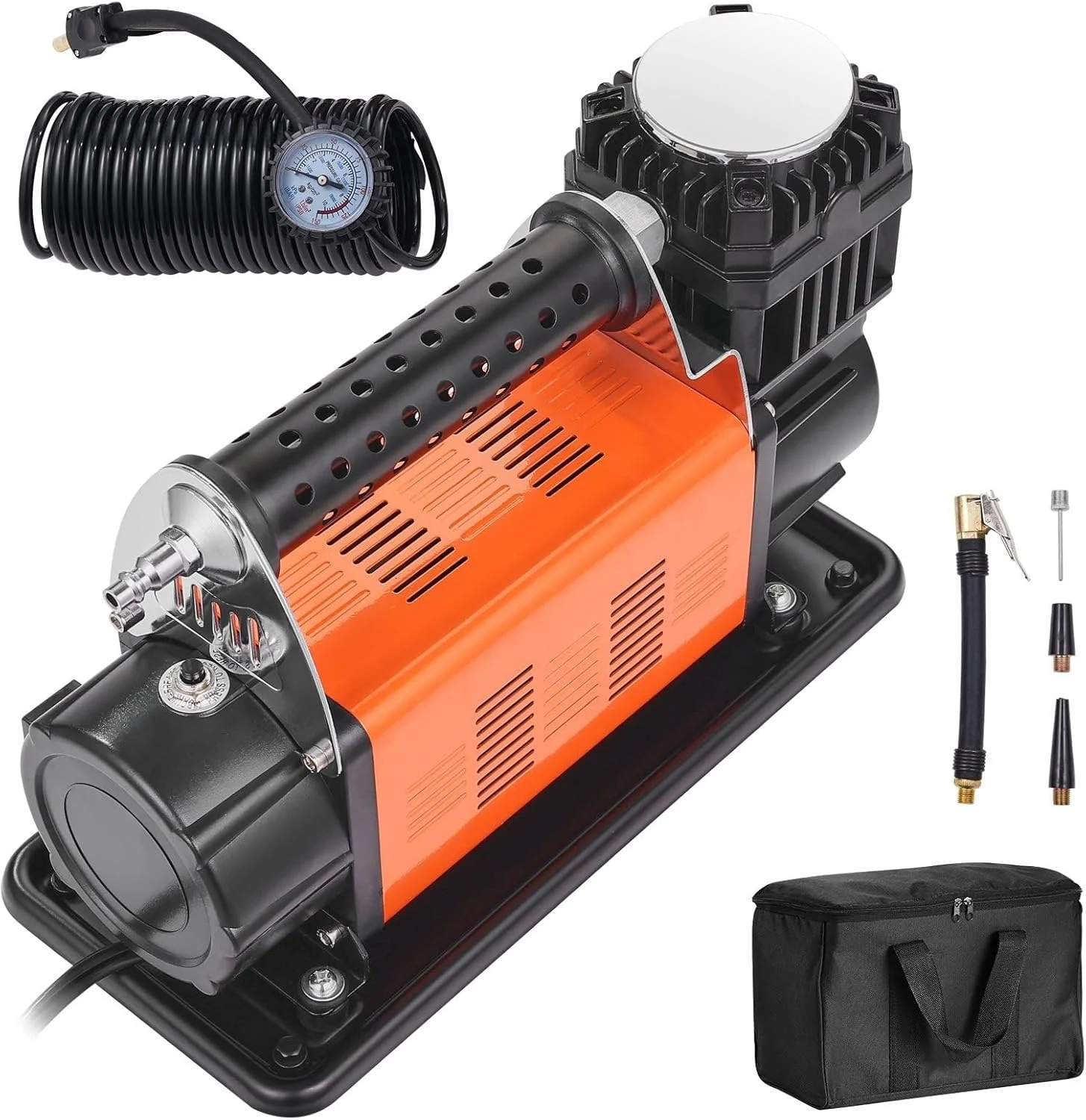 کمپرسور باد قابل حمل 12 ولت، کمپرسور هوای سنگین 7.06CFM 150PSI پمپ باد آفرود با آداپتور برای خودرو، شاسی بلند، RV، کامیون شامل سیم برق 2 متری و شلنگ هوا 8 متری با گیج فشار و کیف حمل