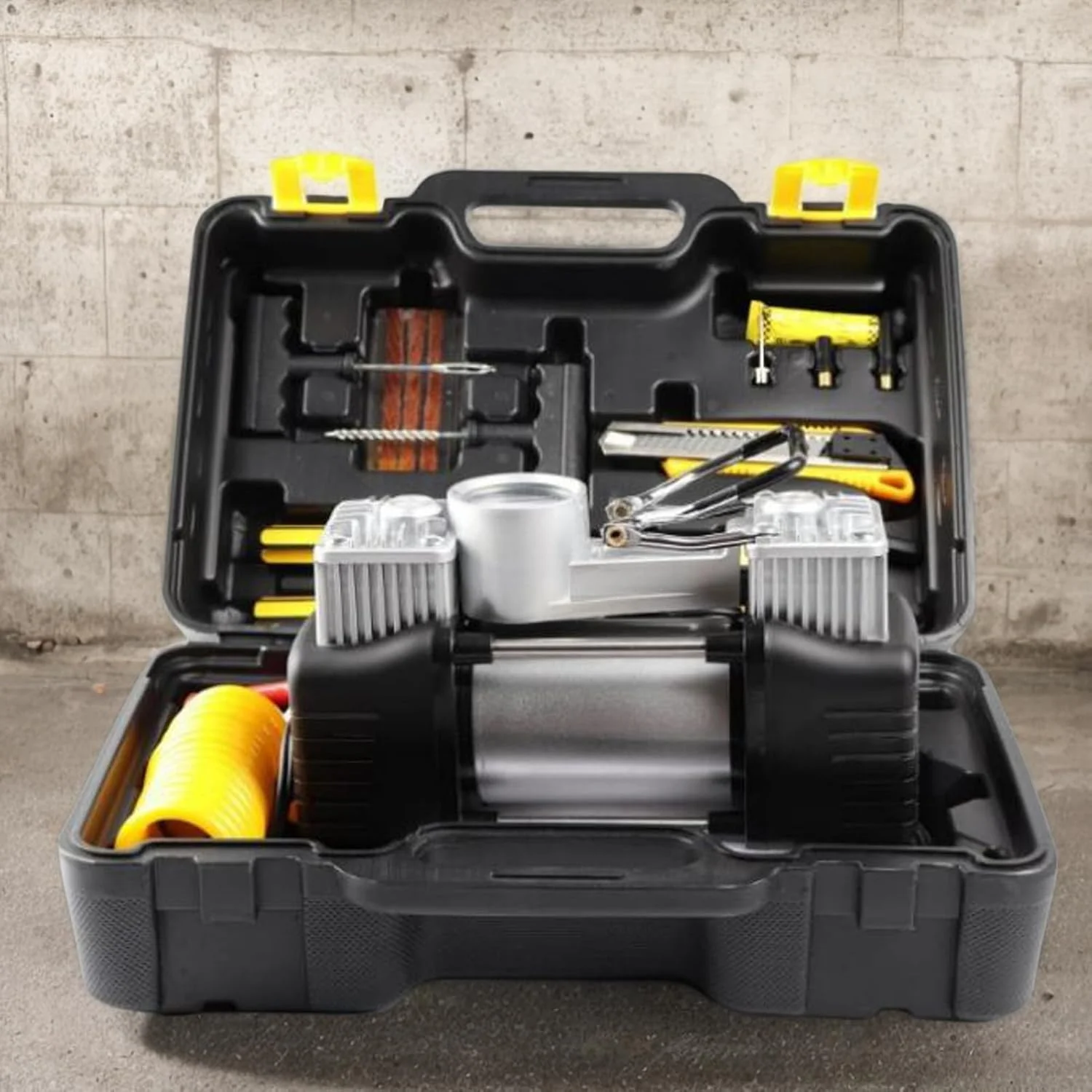 جعبه ابزار کمپرسور هوا، کیت ابزار تعمیر در فضای باز | مجموعه پمپ باد فشار قوی 12 ولت برای دوچرخه، موتور سیکلت، کامیون، RV، کمپینگ، مسافرت، مصارف خانگی، شرایط اضطراری و کمک های کنار جاده ای