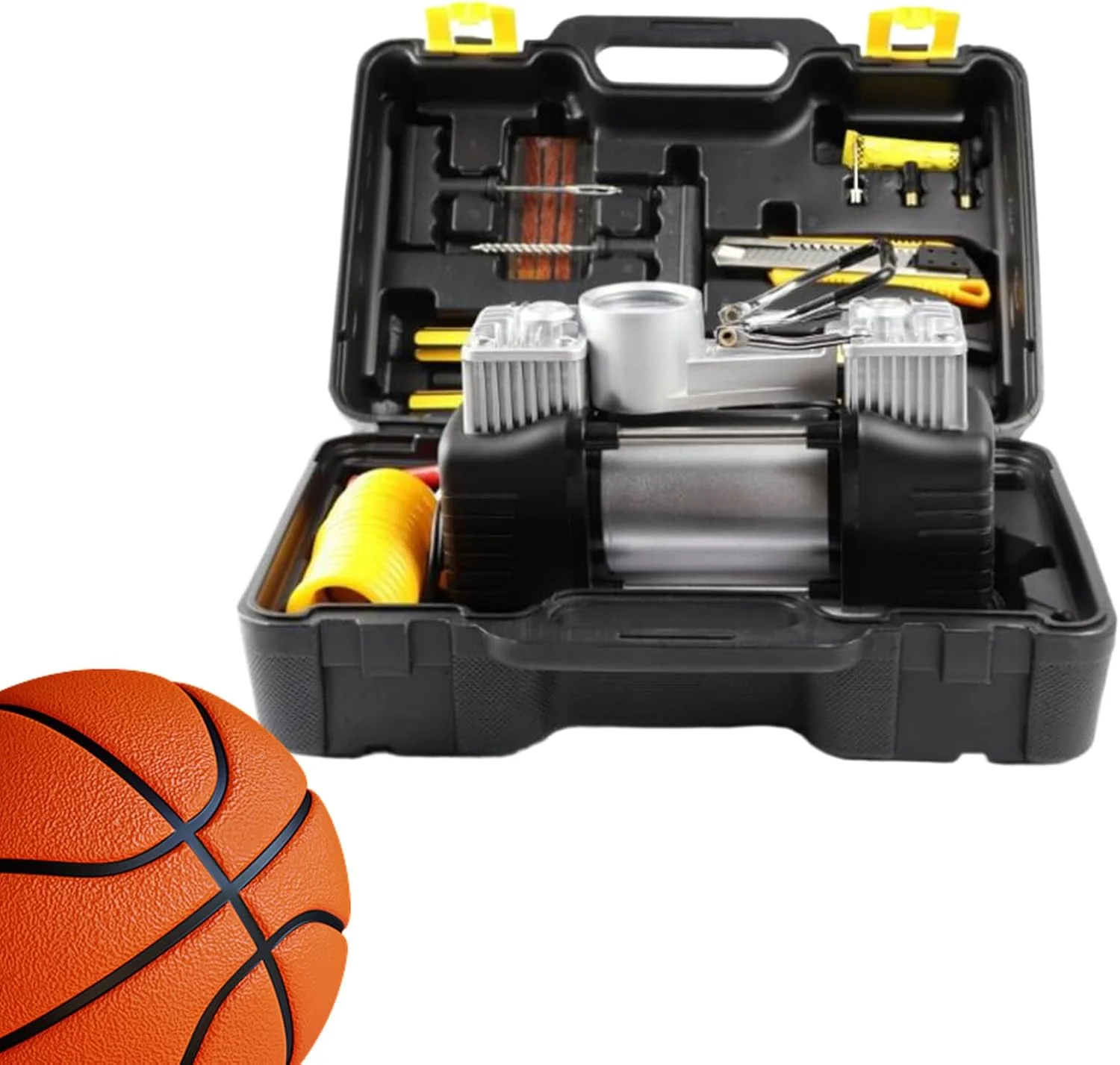 جعبه ابزار کمپرسور هوا - کیت ابزار تعمیرات فضای باز - مجموعه پمپ باد فشار قوی 12 ولت برای دوچرخه، موتور سیکلت، کامیون، RV، کمپینگ، مسافرت، مصارف خانگی، شرایط اضطراری و کمک های کنار جاده ای