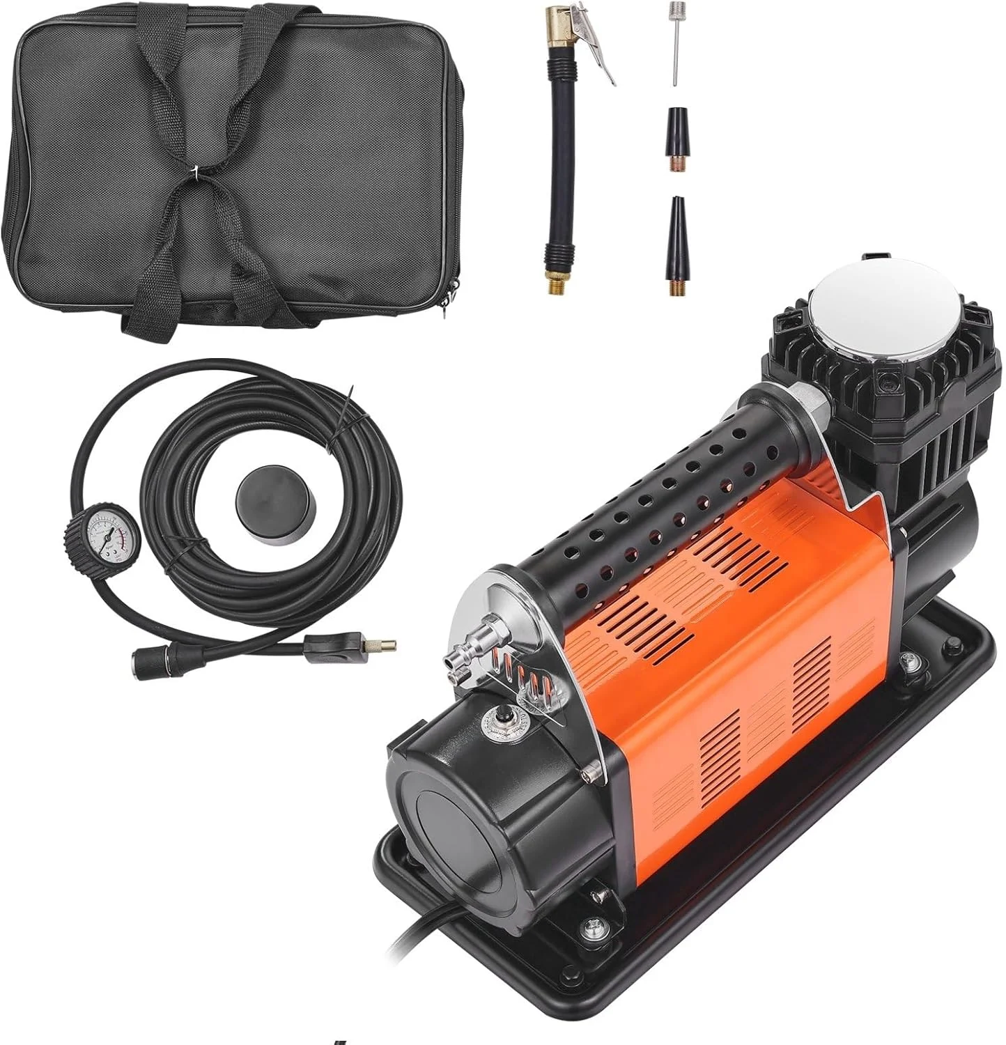 کمپرسور باد قابل حمل 12 ولت، کمپرسور هوای سنگین 7.06CFM 150PSI پمپ باد آفرود با آداپتور برای خودرو، شاسی بلند، RV، کامیون شامل سیم برق 2 متری و شلنگ هوا 8 متری با گیج فشار و کیف حمل