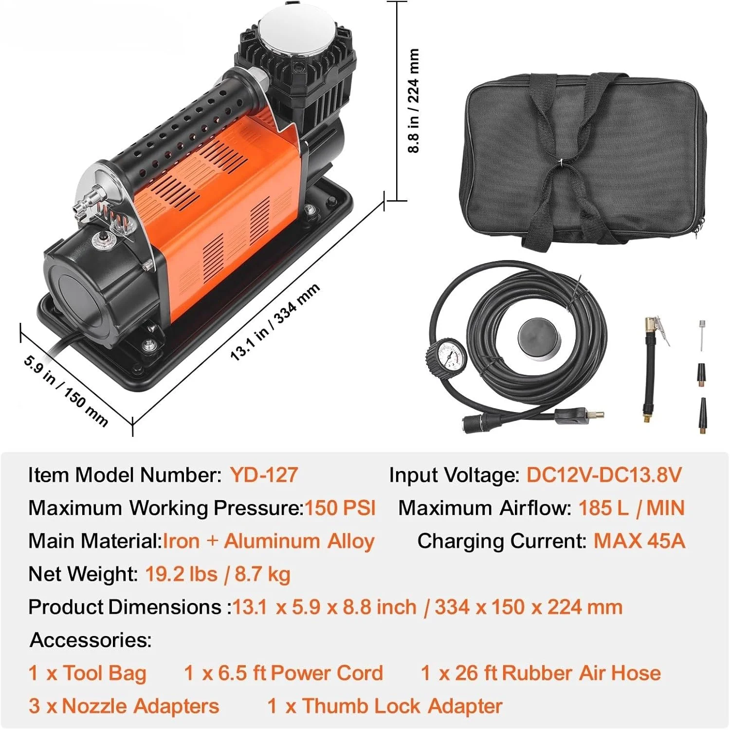 کمپرسور باد قابل حمل 12 ولت، کمپرسور هوای سنگین 7.06CFM 150PSI پمپ باد آفرود با آداپتور برای خودرو، شاسی بلند، RV، کامیون شامل سیم برق 2 متری و شلنگ هوا 8 متری با گیج فشار و کیف حمل