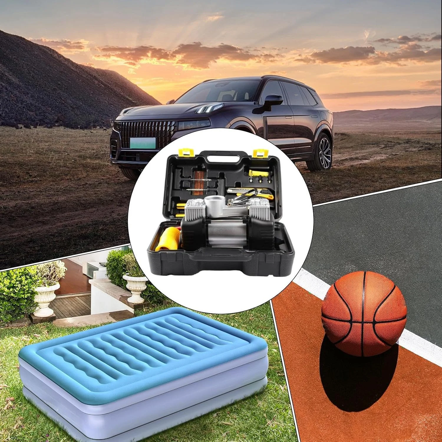 جعبه ابزار کمپرسور هوا - کیت ابزار تعمیرات فضای باز - مجموعه پمپ باد فشار قوی 12 ولت برای دوچرخه، موتور سیکلت، کامیون، RV، کمپینگ، مسافرت، مصارف خانگی، شرایط اضطراری و کمک های کنار جاده ای جعبه ابزار کمپرسور هوا - کیت ابزار تعمیرات فضای باز - مجموعه پمپ باد فشار قوی 12 ولت برای دوچرخه، موتور سیکلت، کامیون، RV، کمپینگ، مسافرت، مصارف خانگی، شرایط اضطراری و کمک های کنار جاده ای