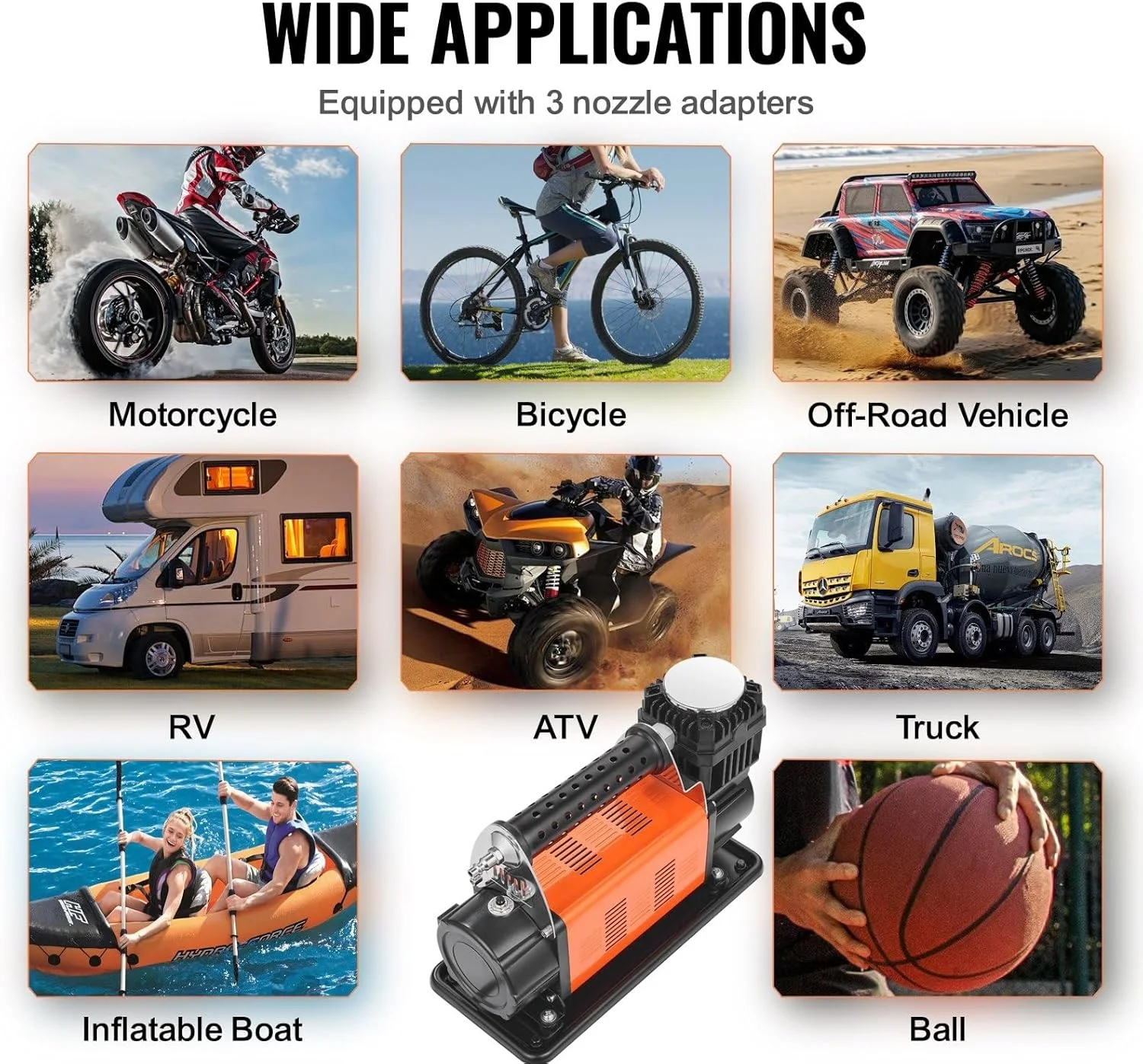 کمپرسور باد قابل حمل 12 ولت، کمپرسور هوای سنگین 7.06CFM 150PSI پمپ باد آفرود با آداپتور برای خودرو، شاسی بلند، RV، کامیون شامل سیم برق 2 متری و شلنگ هوا 8 متری با گیج فشار و کیف حمل