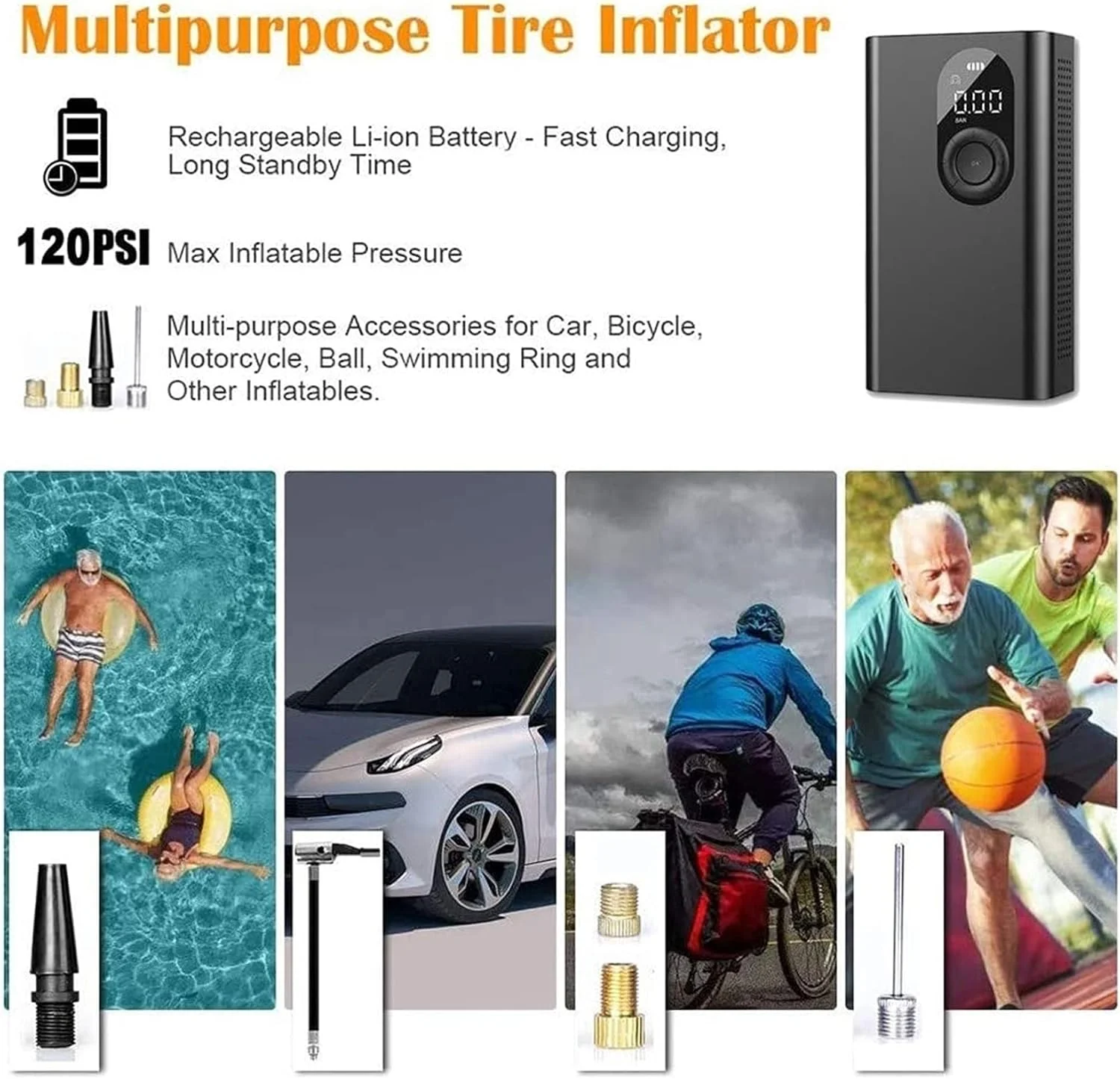 پمپ باد لاستیک ZDmalt با فشار 120 PSI، کمپرسور هوای الکتریکی با باتری لیتیوم یونی قابل شارژ، کمپرسور هوای قابل حمل برای اتومبیل، موتور سیکلت، توپ، حلقه های شنا و تمام دوچرخه ها