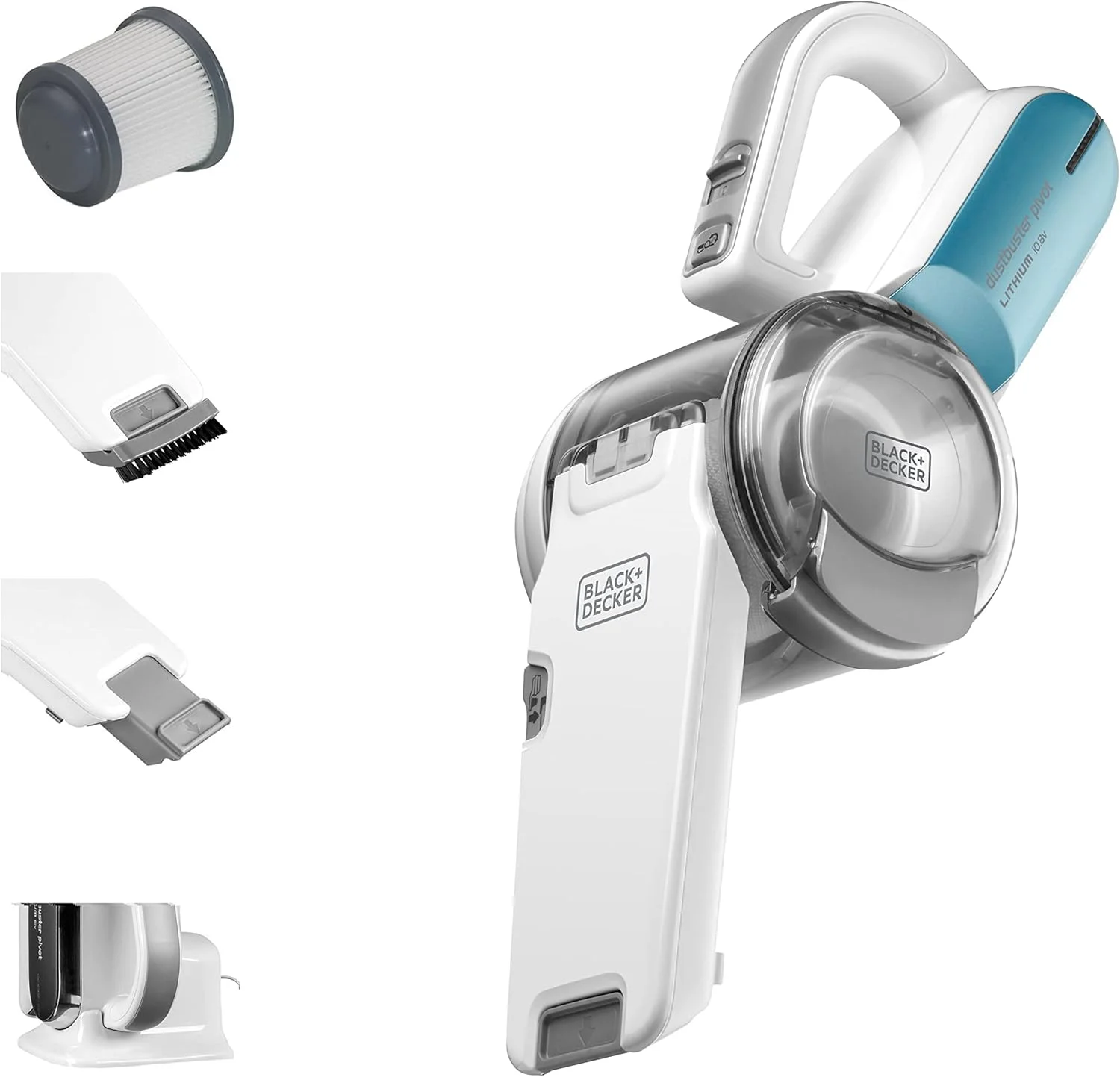 جاروبرقی دستی شارژی بلک اند دکر 10.8 ولت مدل PV1020L-B5 با باتری لیتیوم-یون 1.5 آمپر ساعت، قدرت مکش 20AW، ظرفیت مخزن 440 میلی لیتر و فیلتراسیون سه گانه با چرخش 200 درجه