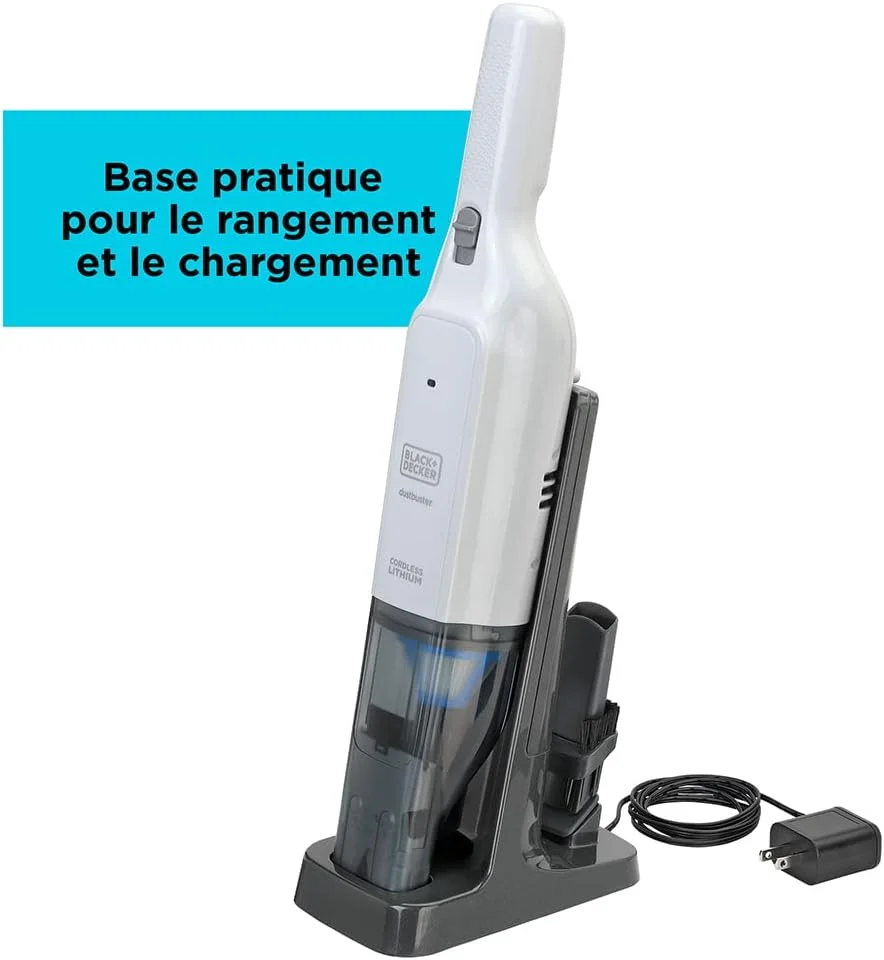 جاروبرقی دستی بلک اند دکر مدل Pelicano. منبع تغذیه 12 ولت و باتری لیتیومی 1.5 آمپر ساعت. دارای نازل بازشو و قابل افزایش طول، شارژر پایه و لوازم جانبی، چند رنگ