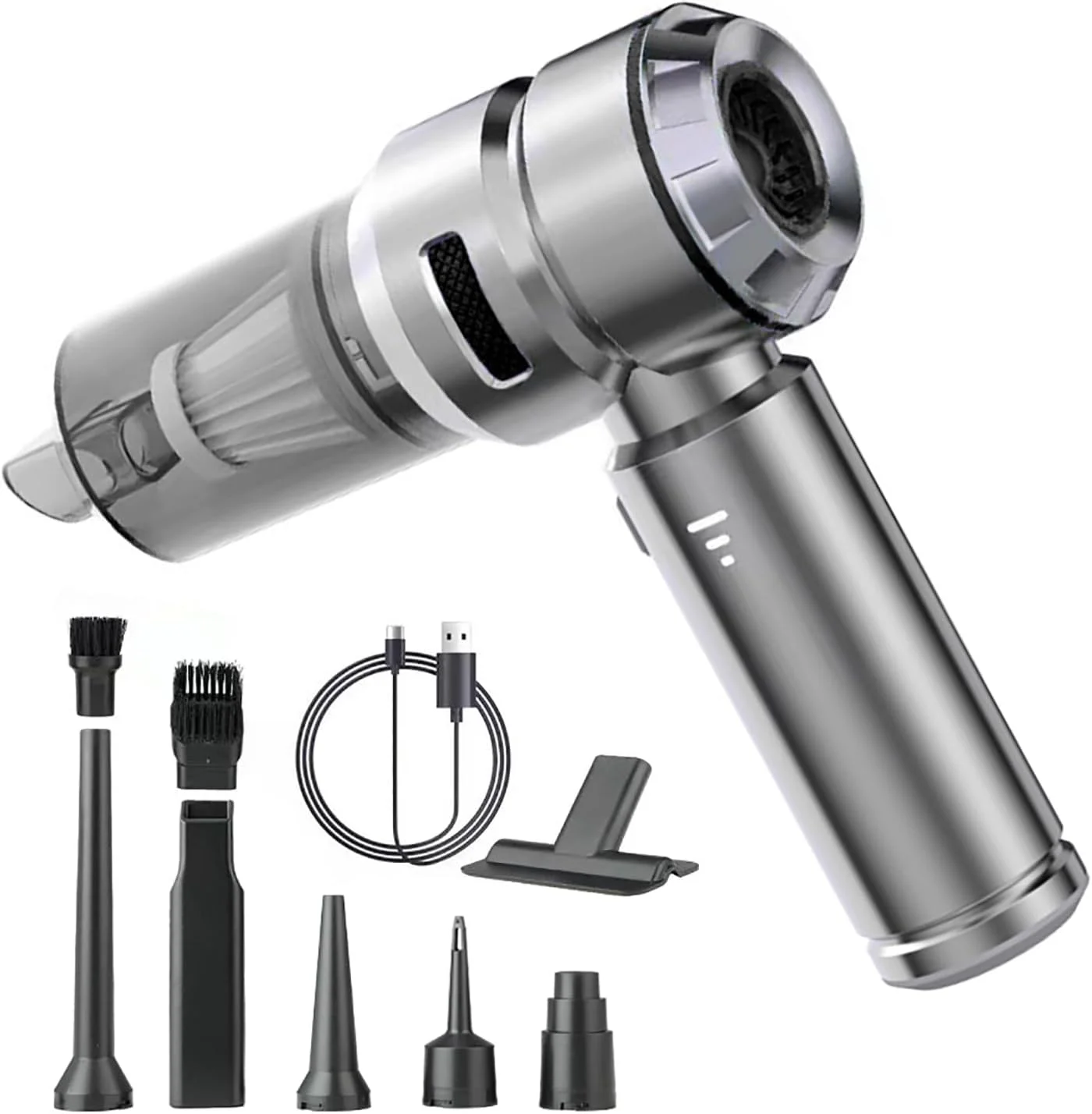 جاروبرقی خودرو پرقدرت - جاروبرقی قابل حمل خودرو 4 در 1، گردگیر هوای فشرده، دمنده هوا و پمپ، جاروبرقی دستی بی سیم با موتور براشلس برای خودرو، خانه، دفتر (نقره ای و مشکی)