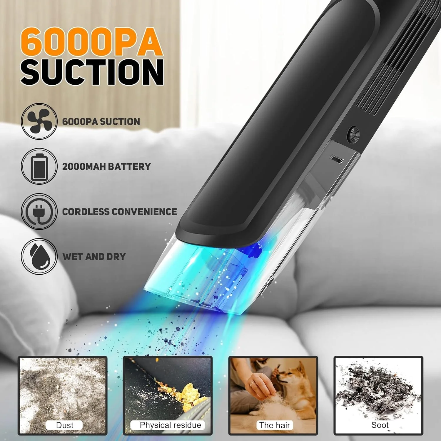 جاروبرقی دستی تدپول، جاروبرقی دستی بی سیم خودرو با 2 باتری 2000 میلی آمپر ساعتی، جاروبرقی کوچک قابل حمل 6000 PA برای موی حیوانات خانگی برای خانه، حیوانات خانگی و خودرو، جاروبرقی دستی برای محیط های مرطوب و خشک