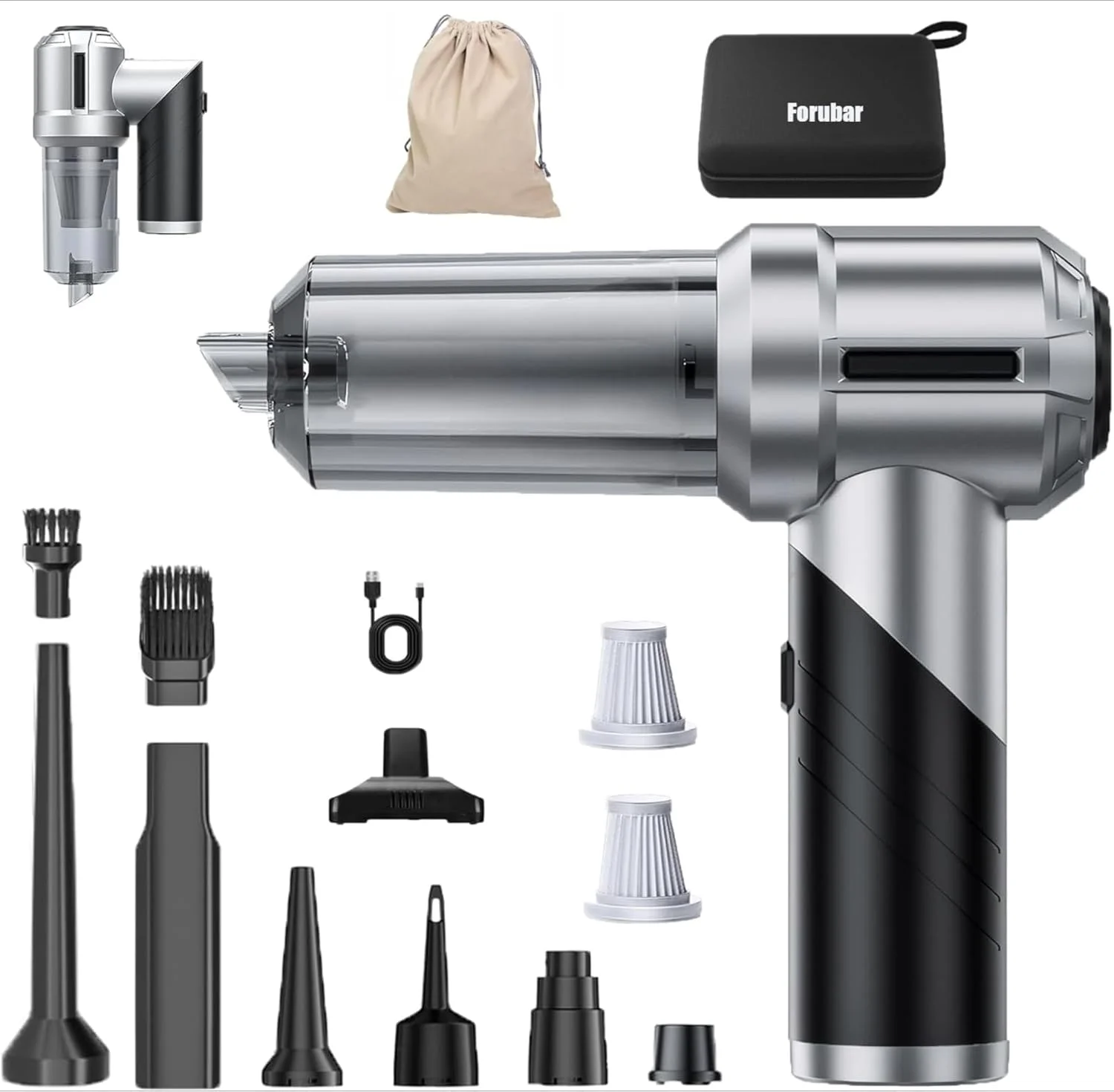 جاروبرقی فشرده تاشو 4 در 1 بدون سیم خودرو Forubar، جاروبرقی دستی قابل حمل 22000Pa با گردگیر و دمنده هوای فشرده، موتور بدون جاروبک، 3 سرعته، شارژ Type-C برای خودرو، خانه، دفتر، موی حیوانات خانگی جاروبرقی فشرده تاشو 4 در 1 بدون سیم خودرو Forubar، جاروبرقی دستی قابل حمل 22000Pa با گردگیر و دمنده هوای فشرده، موتور بدون جاروبک، 3 سرعته، شارژ Type-C برای خودرو، خانه، دفتر، موی حیوانات خانگی