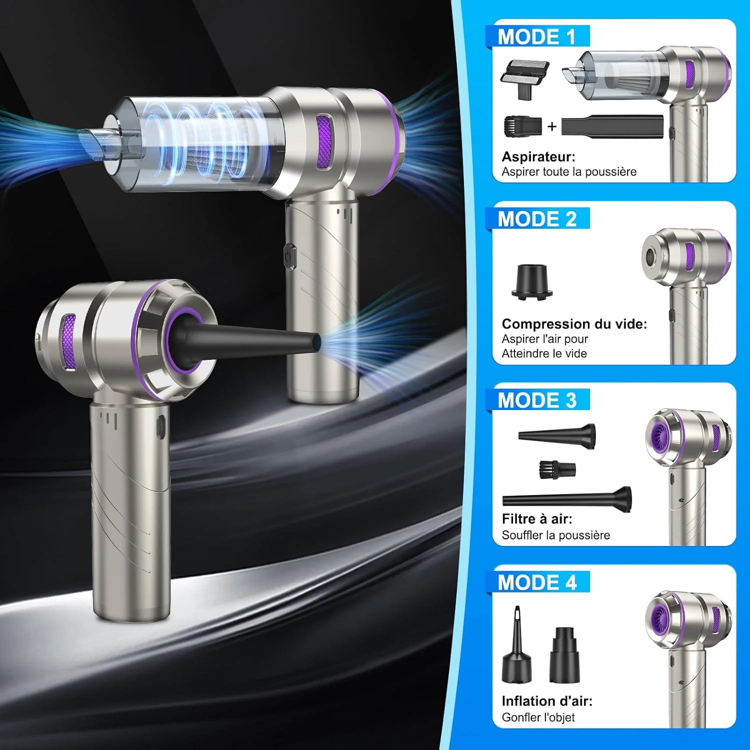 جاروبرقی دستی Fwiull، جاروبرقی دستی 4 در 1 بی سیم با باتری، جاروبرقی خودرو 18000Pa قدرتمند با موتور براشلس، جاروبرقی مینی 3 سرعته برای دفتر، خانه، آشپزخانه، موی حیوانات خانگی