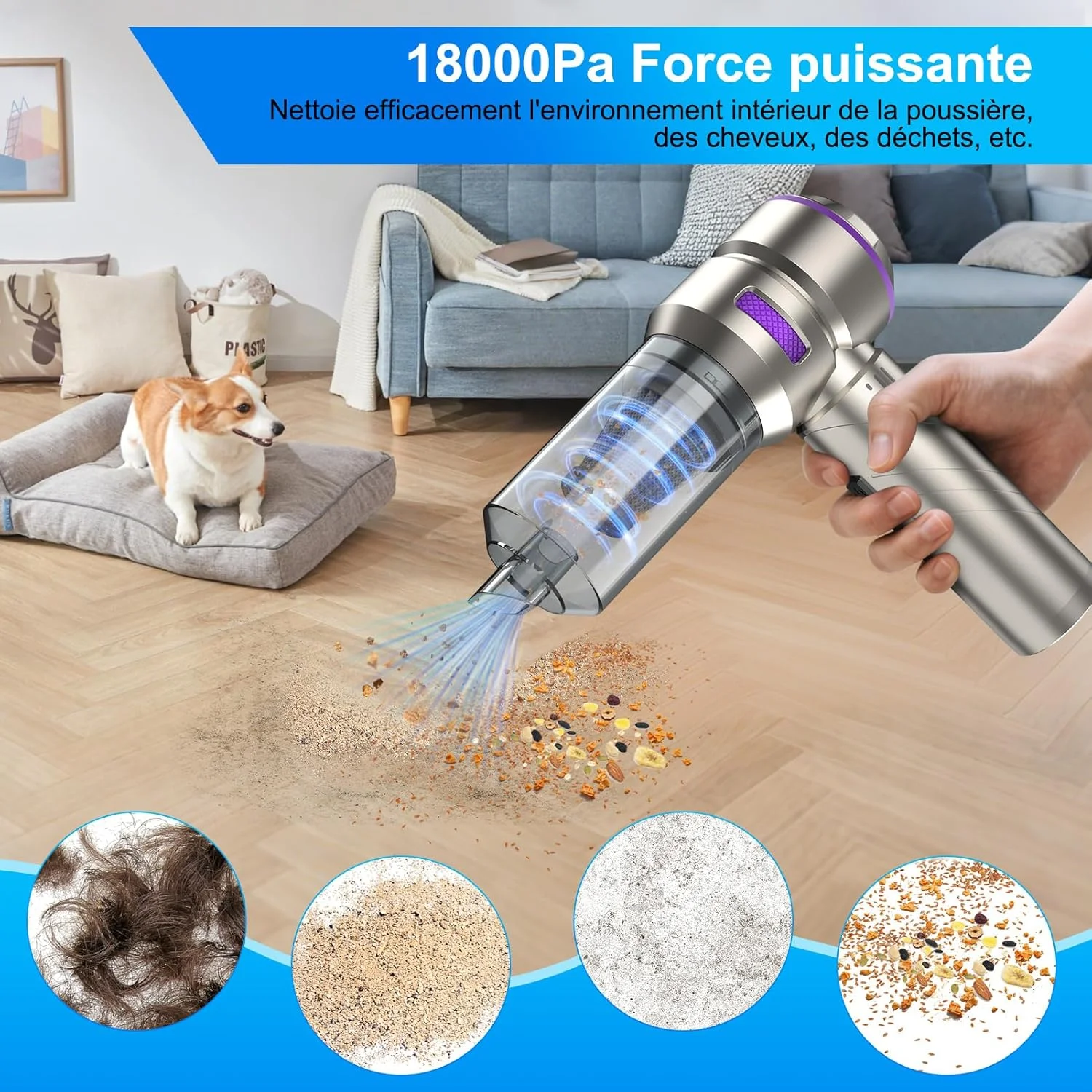 جاروبرقی دستی Fwiull، جاروبرقی دستی 4 در 1 بی سیم با باتری، جاروبرقی خودرو 18000Pa قدرتمند با موتور براشلس، جاروبرقی مینی 3 سرعته برای دفتر، خانه، آشپزخانه، موی حیوانات خانگی