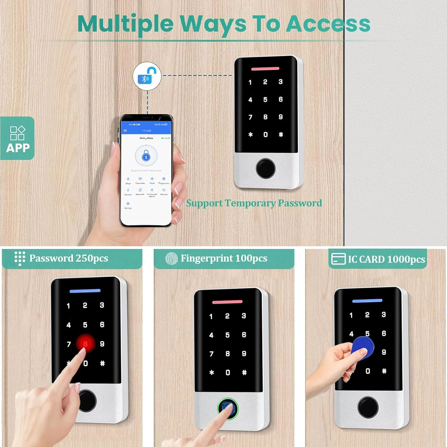 سیستم کنترل دسترسی بی سیم بلوتوث Tuya OBO HANDS، صفحه کلید کنترل دسترسی درب فلزی مستقل با رمز عبور اثر انگشت با جاکلیدی IC، دارای نور پس زمینه، 1000 کاربر
