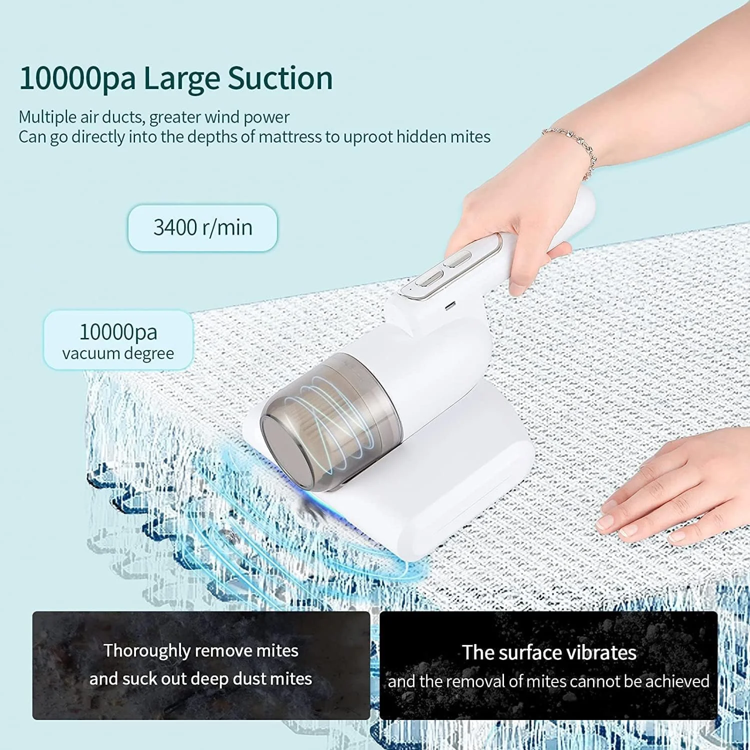 جاروبرقی UV دستی تشک KASTWAVE، دستگاه تمیز کننده بی سیم حذف کننده کنه، دستگاه جاروبرقی گرد و غبار تخت به طور موثر تخت، بالش، مبل های پارچه ای و فرش ها را تمیز می کند، سفید