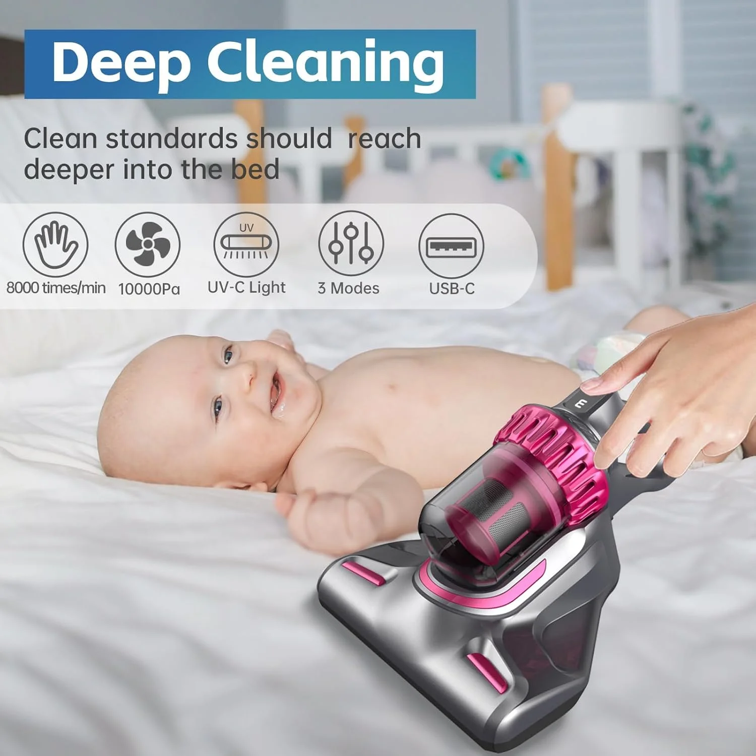 جاروبرقی تشک خواب بی سیم KASTWAVE، جاروبرقی تخت UV با فرکانس بالا 10Kpa با ضربه دوگانه و صدای کم، جاروبرقی دستی 3 در 1 برای تمیز کردن تخت، تشک، بالش، مبل - خاکستری