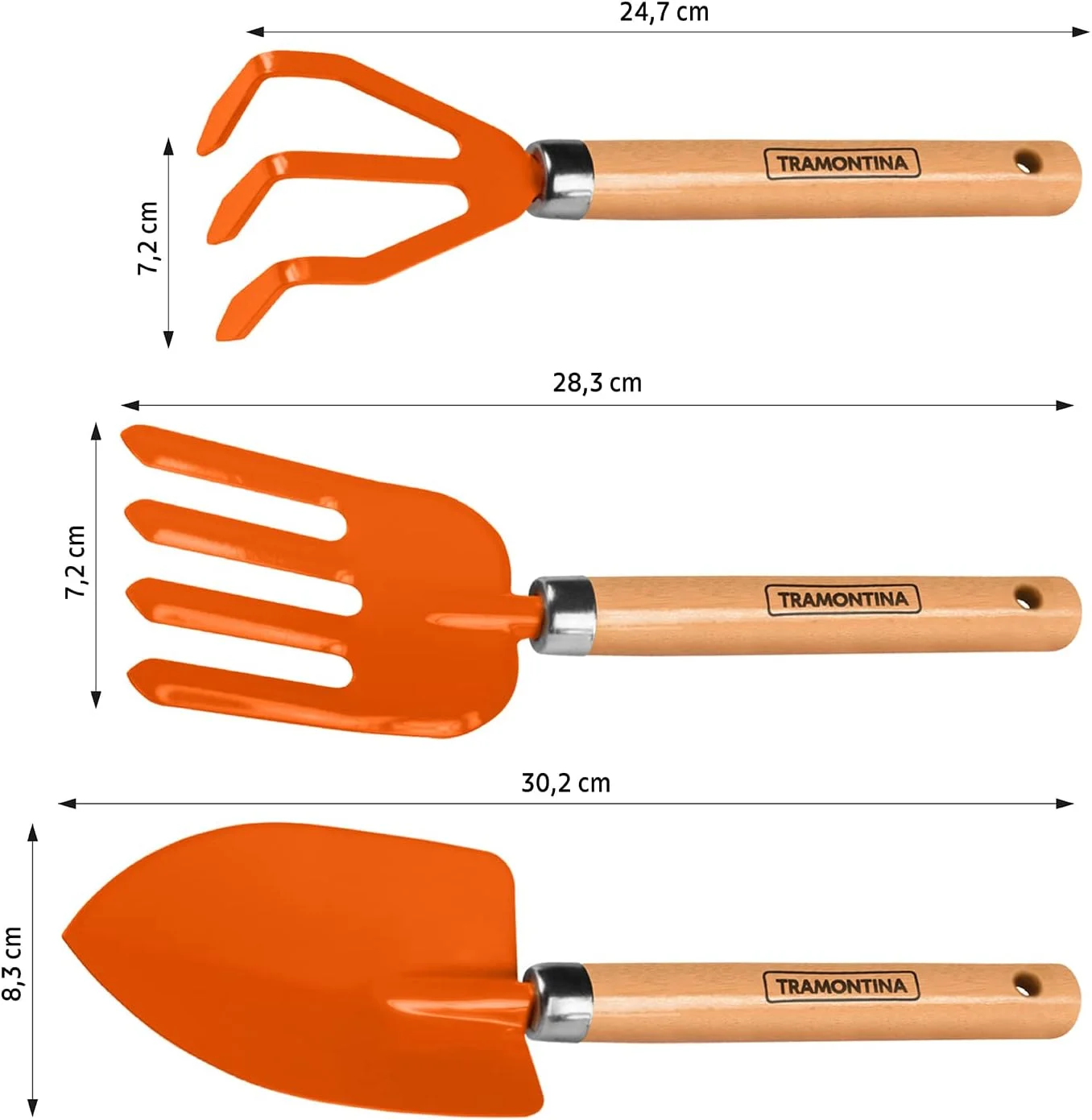 ست ابزار باغبانی 3 تکه ترامونتینا با فولاد کربنی ویژه و دسته چوبی شامل بیلچه باغبانی + کولتیواتور 3 دندانه + چنگال باغبانی 4 دندانه 78100801