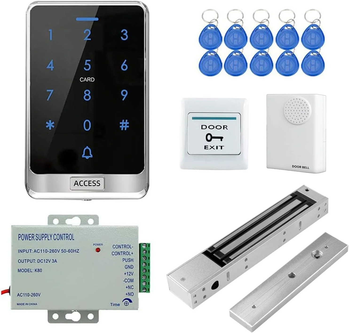 مجموعه کامل YAVIS کنترل دسترسی ضد آب RFID مناسب فضای باز با صفحه لمسی، کارتخوان صفحه کلید 125 کیلوهرتز، قفل مغناطیسی برقی NC با قدرت 280 کیلوگرم/600 پوند، منبع تغذیه 3 آمپر 110-240 ولت، زنگ در، دکمه ها، 10 عدد جاسوئیچی مجموعه کامل YAVIS کنترل دسترسی ضد آب RFID مناسب فضای باز با صفحه لمسی، کارتخوان صفحه کلید 125 کیلوهرتز، قفل مغناطیسی برقی NC با قدرت 280 کیلوگرم/600 پوند، منبع تغذیه 3 آمپر 110-240 ولت، زنگ در، دکمه ها، 10 عدد جاسوئیچی