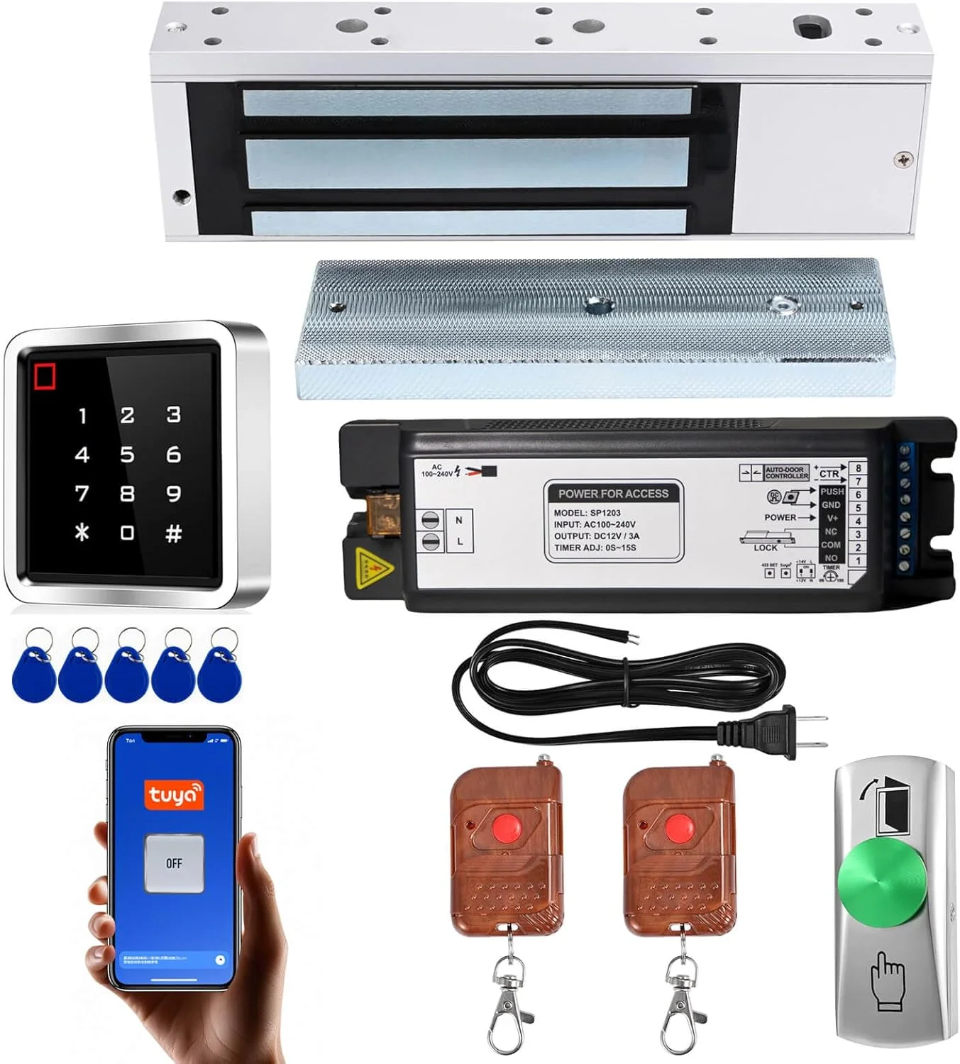 کیت سیستم کنترل دسترسی با صفحه کلید لمسی فلزی ضد آب IP68، قفل مغناطیسی 1200 پوندی، دکمه خروج آلیاژ روی، 2 ریموت کنترل و دسترسی از راه دور برنامه Tuya کیت سیستم کنترل دسترسی با صفحه کلید لمسی فلزی ضد آب IP68، قفل مغناطیسی 1200 پوندی، دکمه خروج آلیاژ روی، 2 ریموت کنترل و دسترسی از راه دور برنامه Tuya