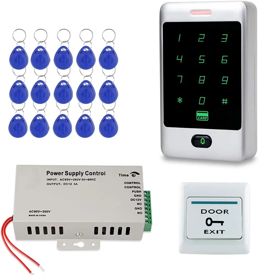 کیت سیستم کنترل دسترسی درب FST شامل صفحه کلید لمسی فلزی RFID + منبع تغذیه کنترل دسترسی DC12V 3A + 15 عدد کارت جاکلیدی RFID
