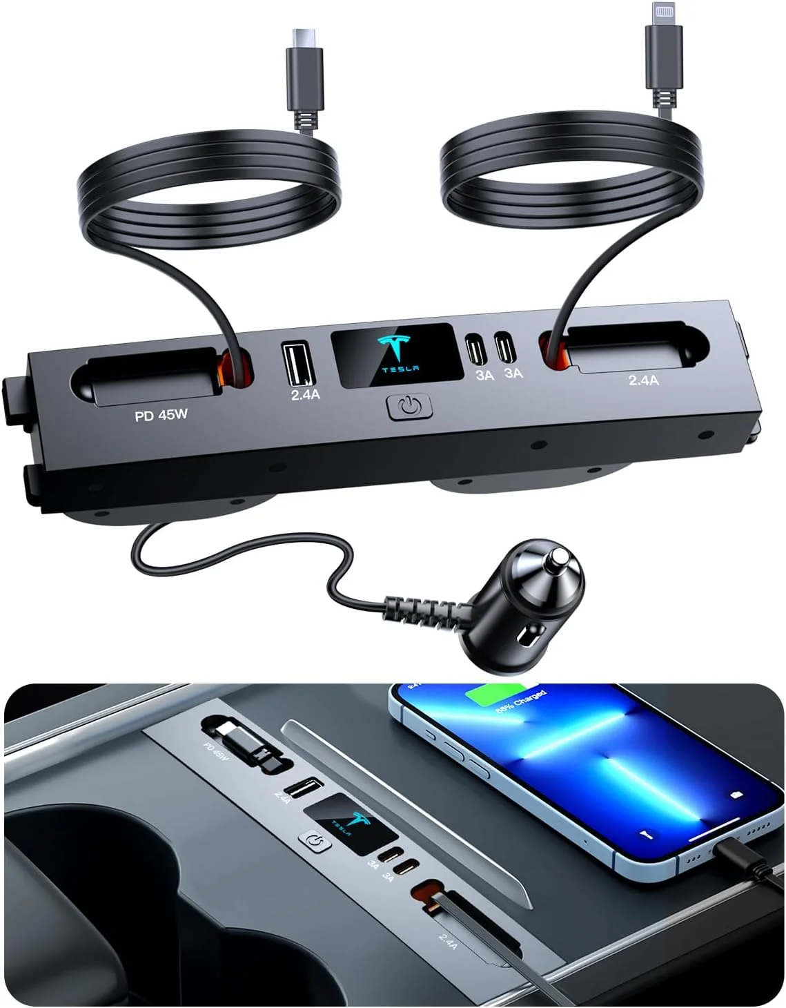 شارژر USB چند پورت خودرو برای مدل 3 هایلند 2024 و 2025 تسلا و مدل Y جونیپر 2026 جدید، لوازم جانبی چند منظوره تسلا با لوگو و کابل جمع شونده، هاب USB تسلا، هدیه برای دارندگان تسلا