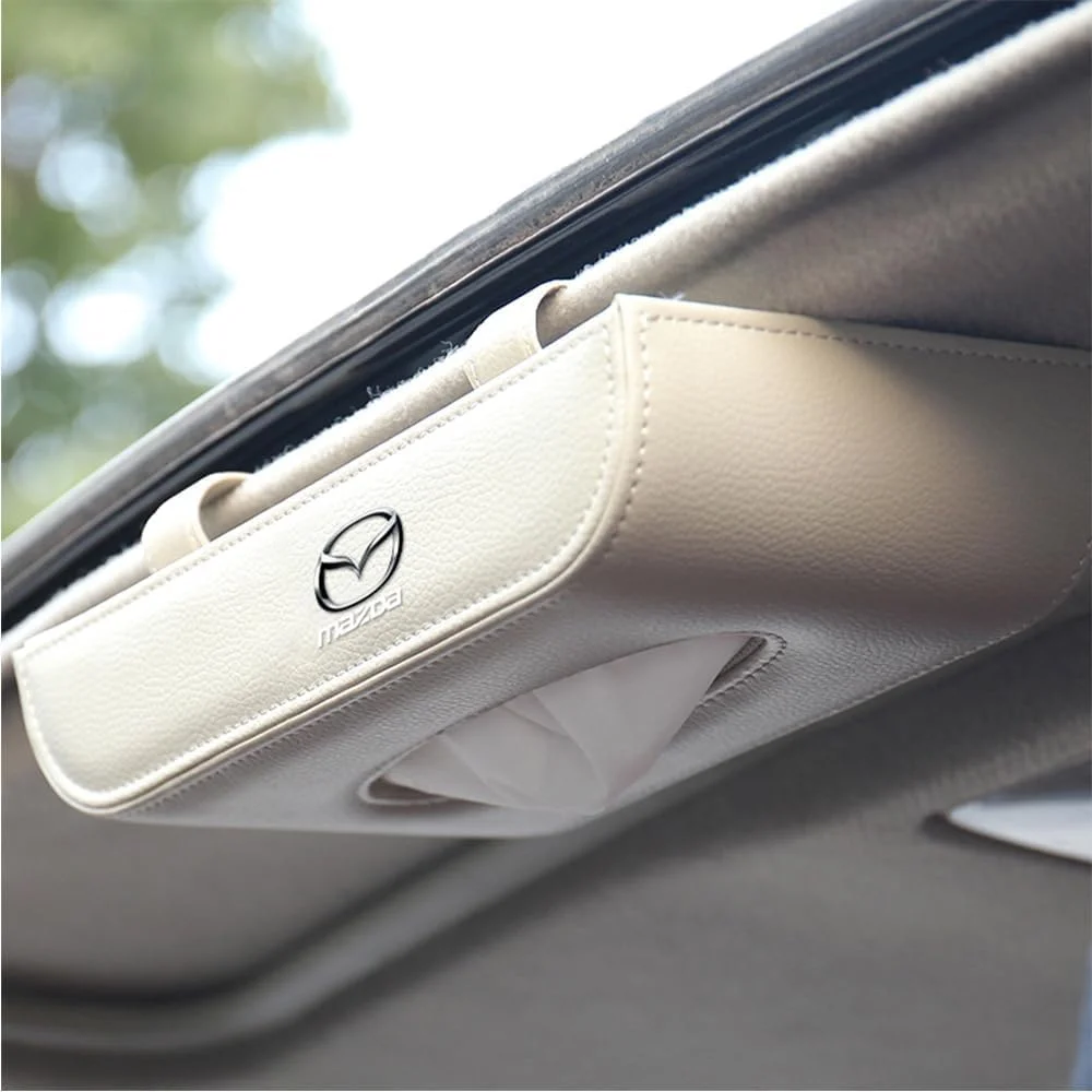 جا دستمال کاغذی خودرو MELBIZ چرم PU مناسب مزدا Mazda3 CX-5 CX-7 CX-50 CX-30 CX-60، نگهدارنده حوله صندلی عقب، لوازم جانبی آرم، سفید