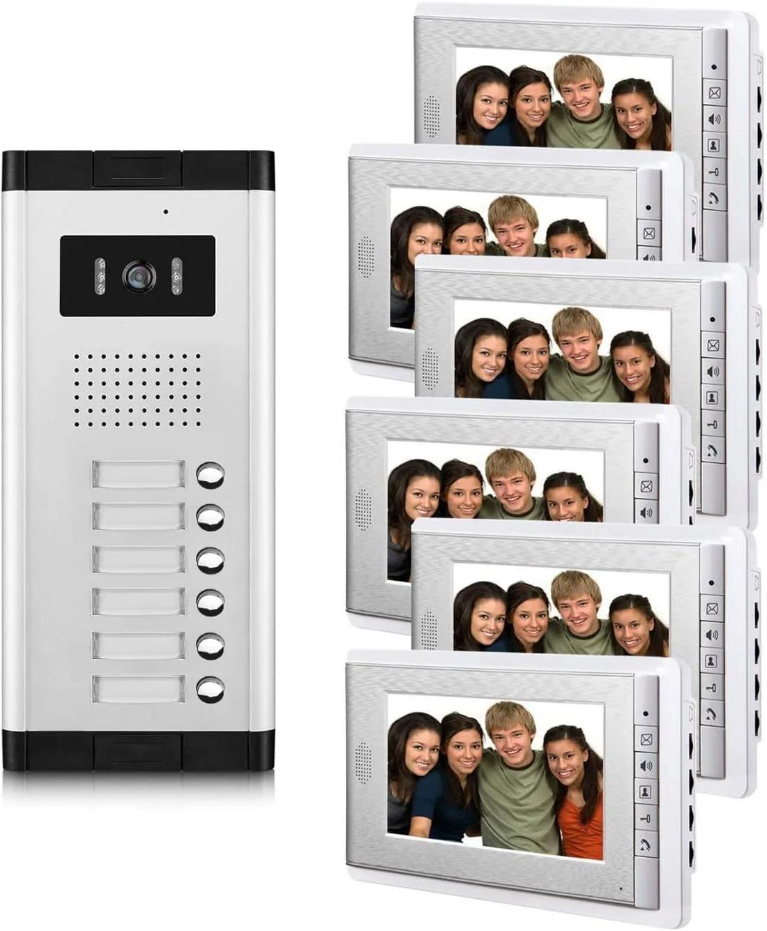 سیستم اینترکام تصویری آپارتمانی AMOCAM شامل 6 واحد، کیت تلفن درب منزل تصویری سیمی با مانیتور 7 اینچی، زنگ درب تصویری داخلی/خارجی، باز کردن قفل با جاسوئیچی ID، صدای دو طرفه، 6 صفحه نمایش برای آپارتمان مسکونی