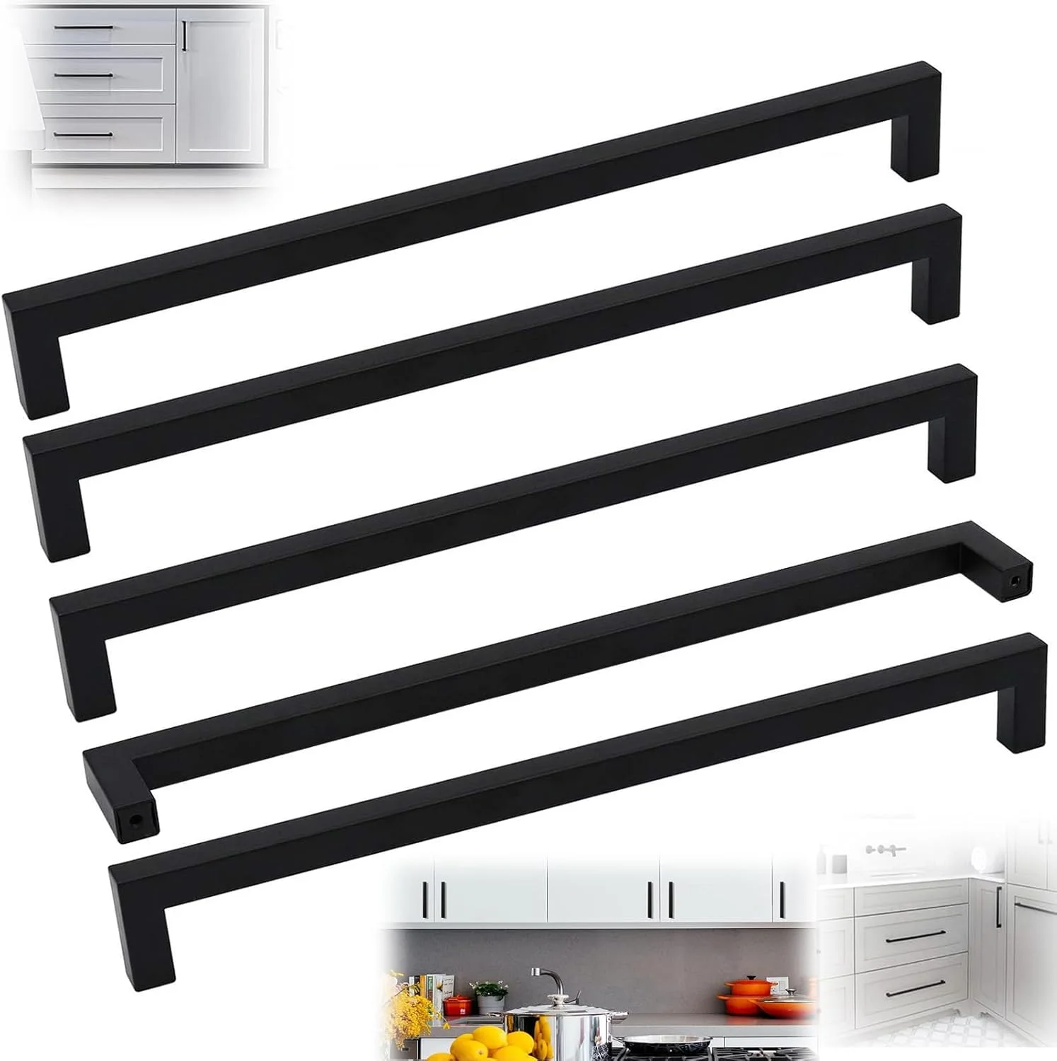 دستگیره کابینت مربعی مشکی ELECDON، بسته 5 عددی، دستگیره کشو استیل ضد زنگ مدرن برای کابینت آشپزخانه و حمام، فاصله مرکز تا مرکز 224 میلی متر