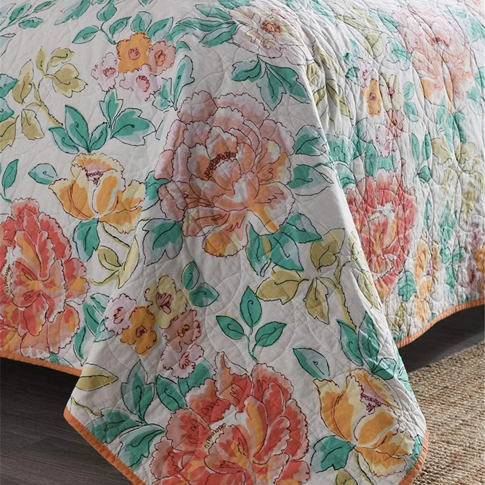 روتختی پنبه ای طرح گلدار، لحاف دوزی شده، رو تختی لوکس چاپی، روتختی آمریکایی شسته شده با آب، ست سه تکه روکش تخت و روبالشتی سایز کینگ