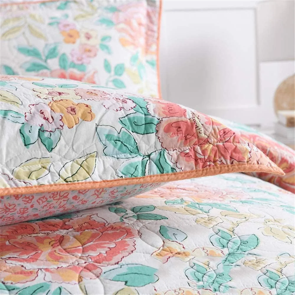 روتختی پنبه ای طرح گلدار، لحاف دوزی شده، رو تختی لوکس چاپی، روتختی آمریکایی شسته شده با آب، ست سه تکه روکش تخت و روبالشتی سایز کینگ