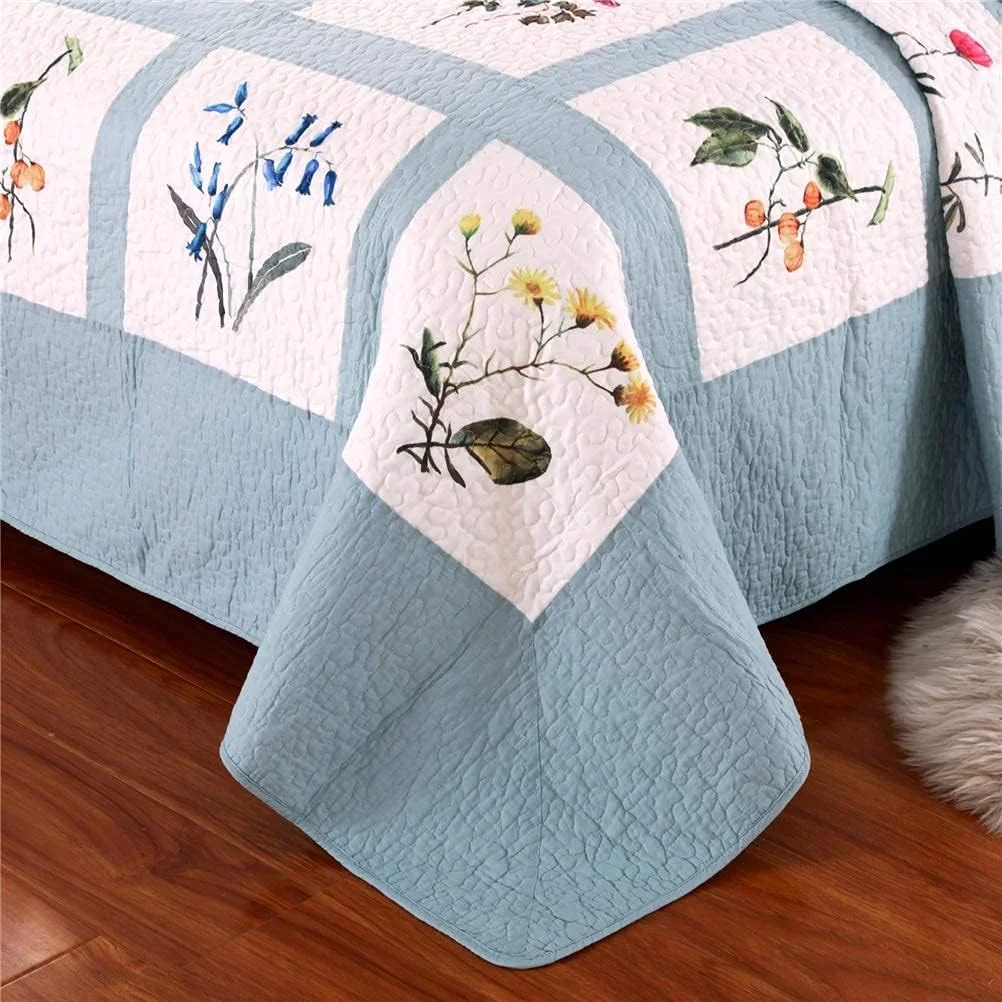 روتختی تکه دوزی شده کینگ سایز 3 تکه، طرح شیک و قدیمی، آبی زرد، طرح گلدار، روتختی پنبه ای تکه دوزی شده با 2 روبالشتی 230x250 سانتی متر