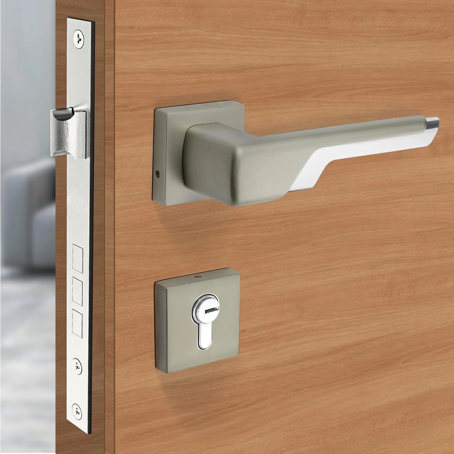 قفل زبانه ای سنگین Plantex 7093 با دستگیره درب، مناسب برای درب اصلی منزل، دارای دستگیره کششی-فشاری برای اتاق خواب/اداره/هتل/حمام به همراه 3 کلید (سفید ساتن و کروم)