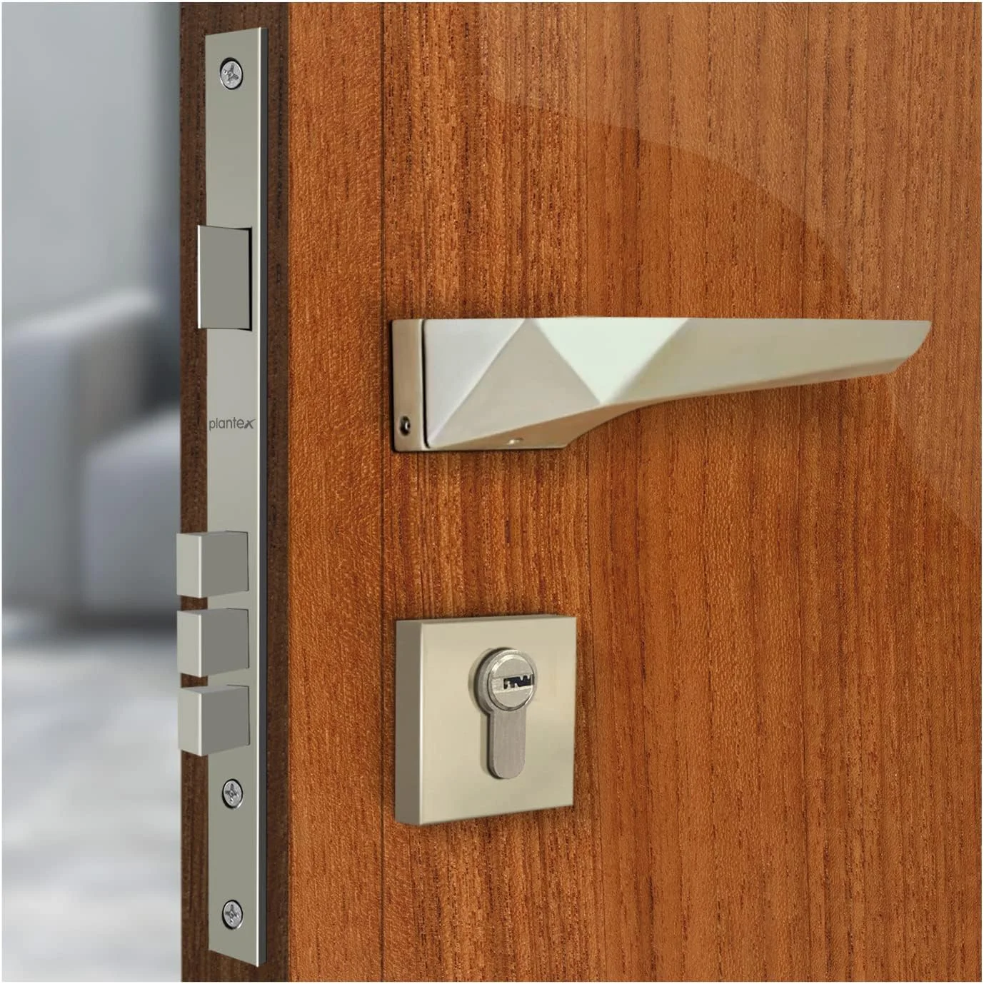 قفل درب کالی Mortise مدل Plantex 7095 با دستگیره اهرمی مناسب درب اصلی منزل، اتاق خواب، اداره، هتل به همراه 3 کلید (سفید ساتن)