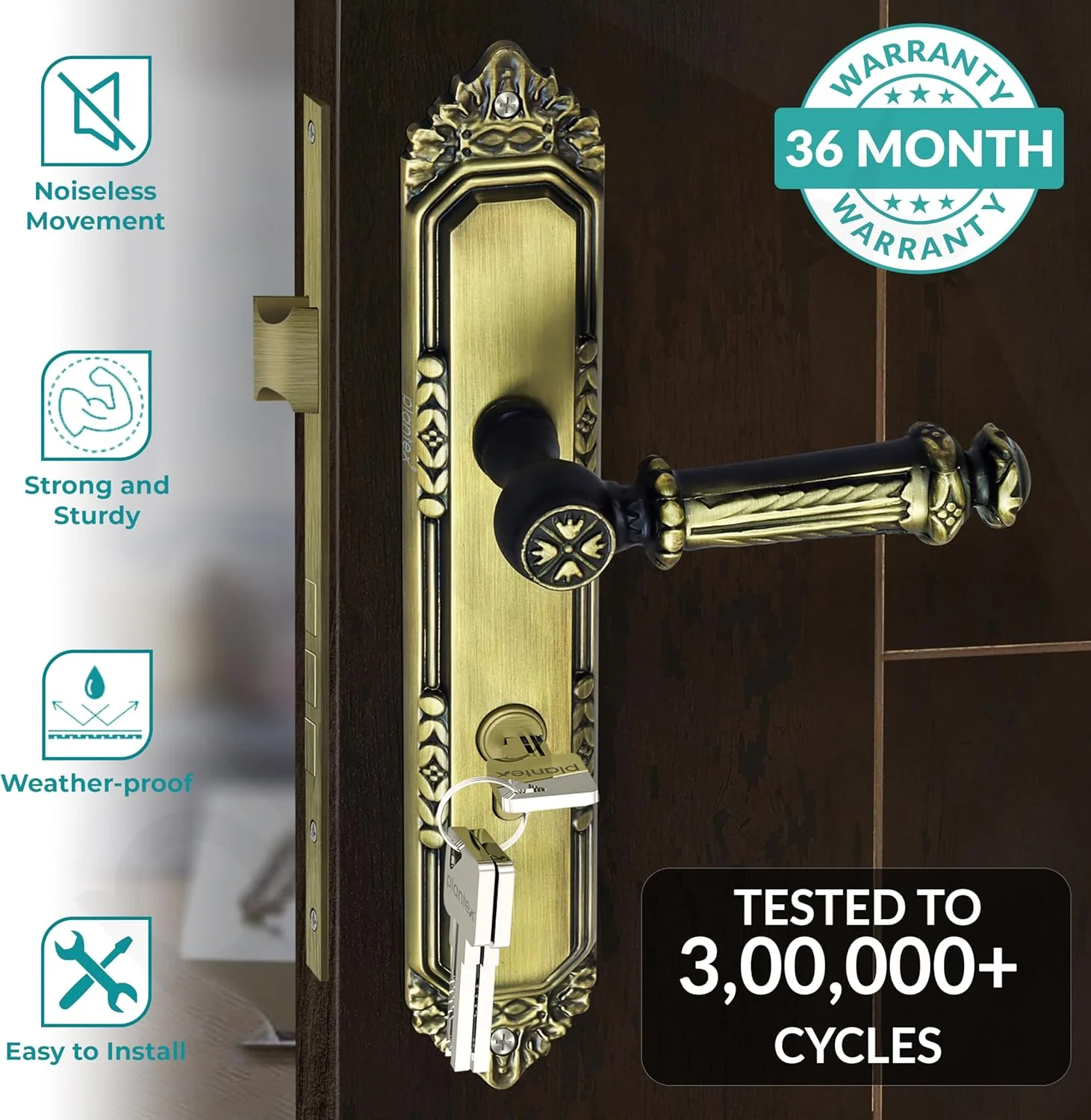 قفل زبانه ای سنگین و با کیفیت Plantex با دستگیره دو طرفه به همراه بدنه قفل و دستگیره کششی/فشاری مناسب برای درب اصلی منزل، اداره، هتل به همراه 3 کلید (برنجی عتیقه) قفل زبانه ای سنگین و با کیفیت Plantex با دستگیره دو طرفه به همراه بدنه قفل و دستگیره کششی/فشاری مناسب برای درب اصلی منزل، اداره، هتل به همراه 3 کلید (برنجی عتیقه)