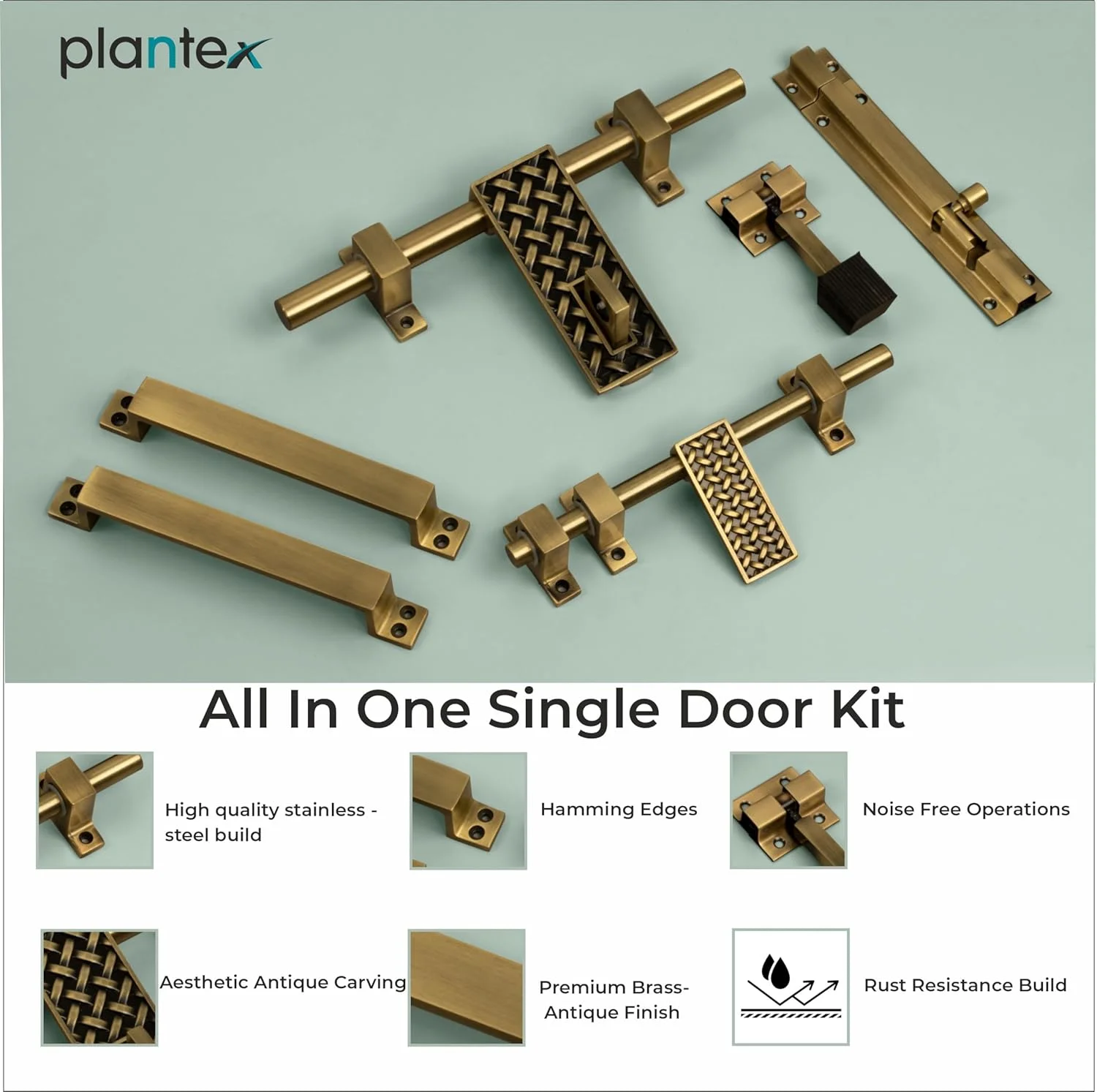 ست کامل درب استیل Plantex برای درب تکی/یراق آلات درب/لوازم جانبی درب (قفل آویز 25 سانتی متری، زبانه 20 سانتی متری، 2 عدد دستگیره 17.5 سانتی متری، قفل اهرمی 17.5 سانتی متری و استاپر درب 10 سانتی متری) - (DMAL-06-برنجی آنتیک) ست کامل درب استیل Plantex برای درب تکی/یراق آلات درب/لوازم جانبی درب (قفل آویز 25 سانتی متری، زبانه 20 سانتی متری، 2 عدد دستگیره 17.5 سانتی متری، قفل اهرمی 17.5 سانتی متری و استاپر درب 10 سانتی متری) - (DMAL-06-برنجی آنتیک)