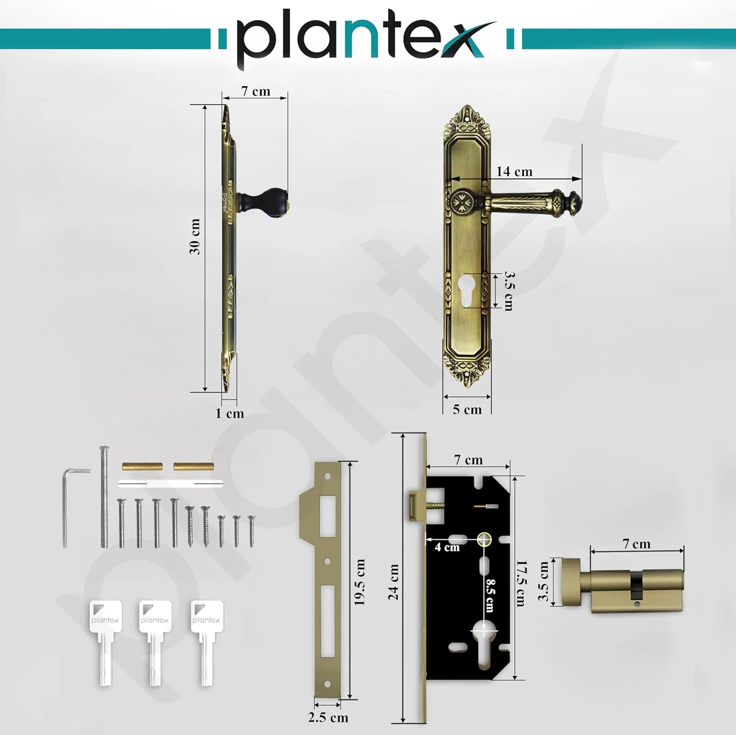 قفل زبانه ای سنگین و با کیفیت Plantex با دستگیره دو طرفه به همراه بدنه قفل و دستگیره کششی/فشاری مناسب برای درب اصلی منزل، اداره، هتل به همراه 3 کلید (برنجی عتیقه) قفل زبانه ای سنگین و با کیفیت Plantex با دستگیره دو طرفه به همراه بدنه قفل و دستگیره کششی/فشاری مناسب برای درب اصلی منزل، اداره، هتل به همراه 3 کلید (برنجی عتیقه)