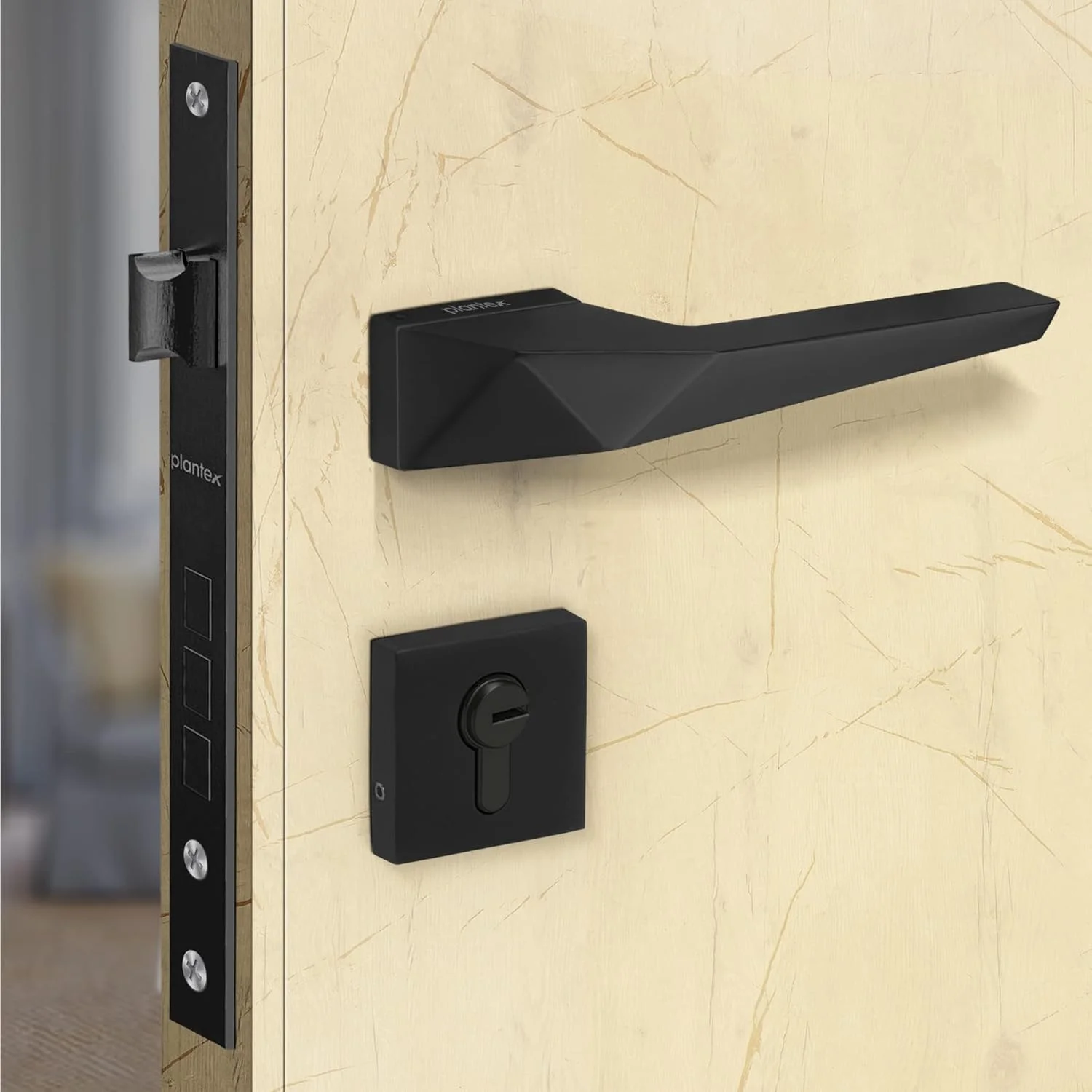 قفل درب سنگین پلنتکس - ست قفل درب اصلی با 3 کلید / قفل درب زبانه دار برای خانه / دفتر / هتل (7095 - روکش مشکی)