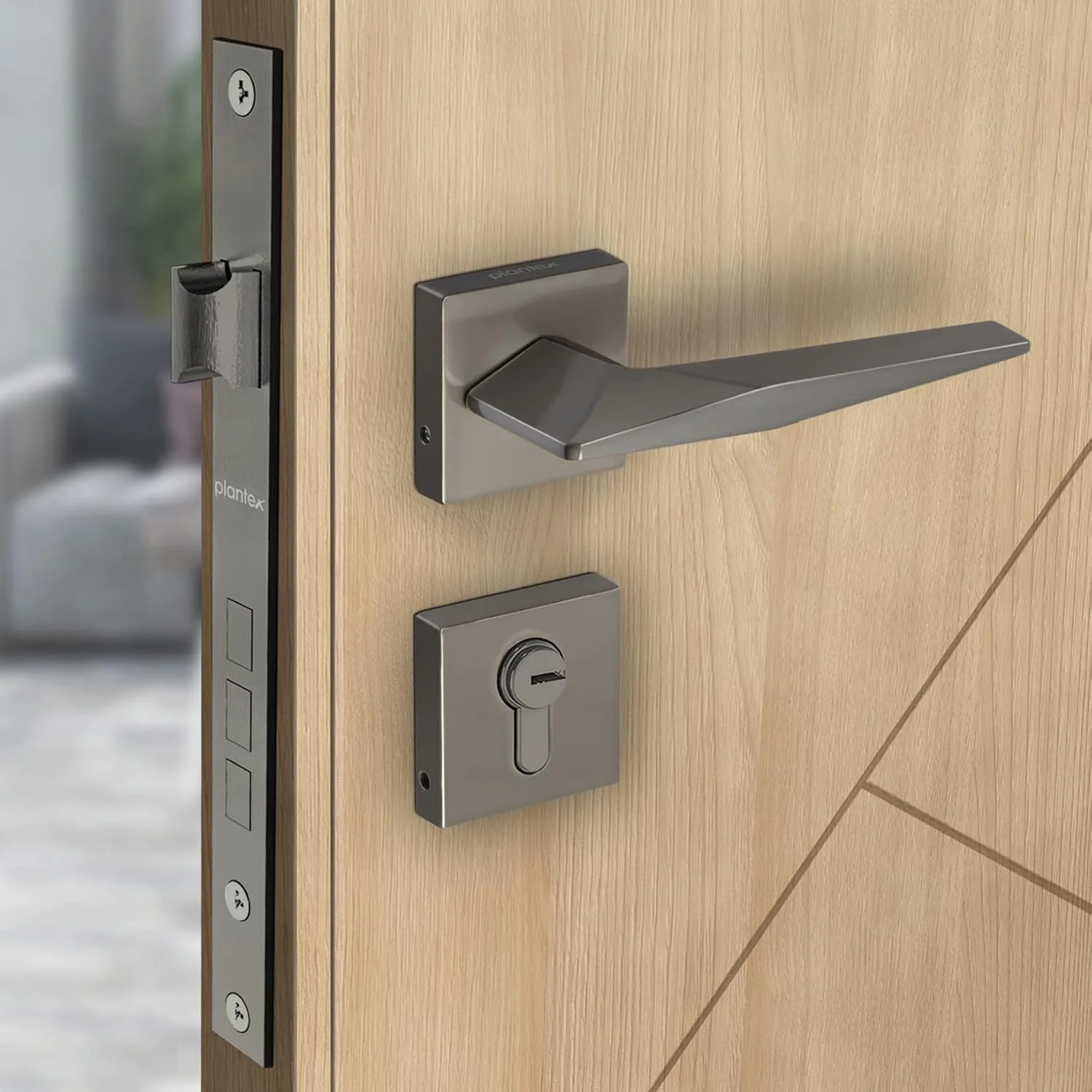 قفل درب Plantex برای خانه/ ست قفل درب اصلی با قفل زبانه ای برای درب با بدنه و سیلندر قفل برنجی (7083-مشکی ساتن)