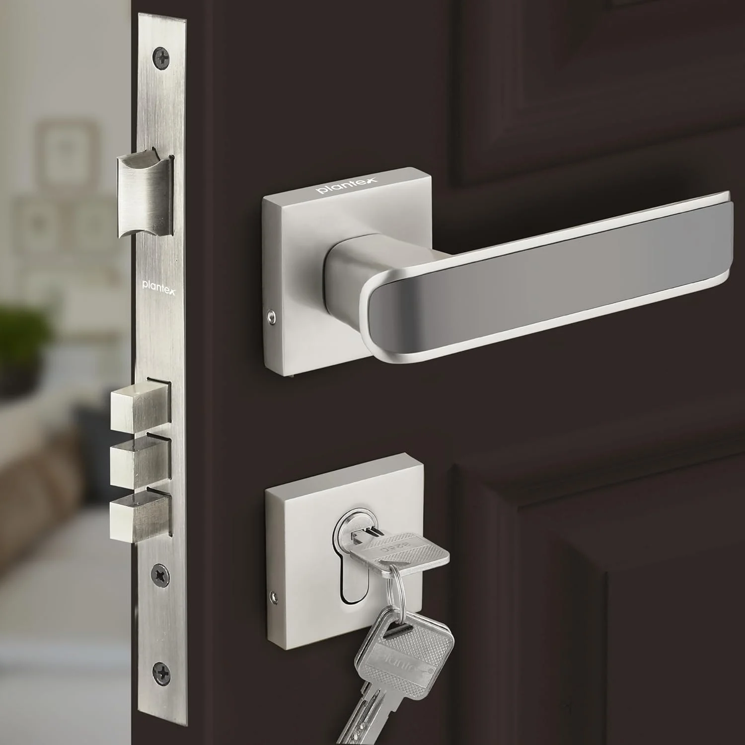 قفل درب سنگین پلنتکس - ست قفل درب اصلی با 3 کلید / قفل زبانه ای برای خانه / دفتر / هتل (7112 - سفید ساتن و مشکی ساتن)