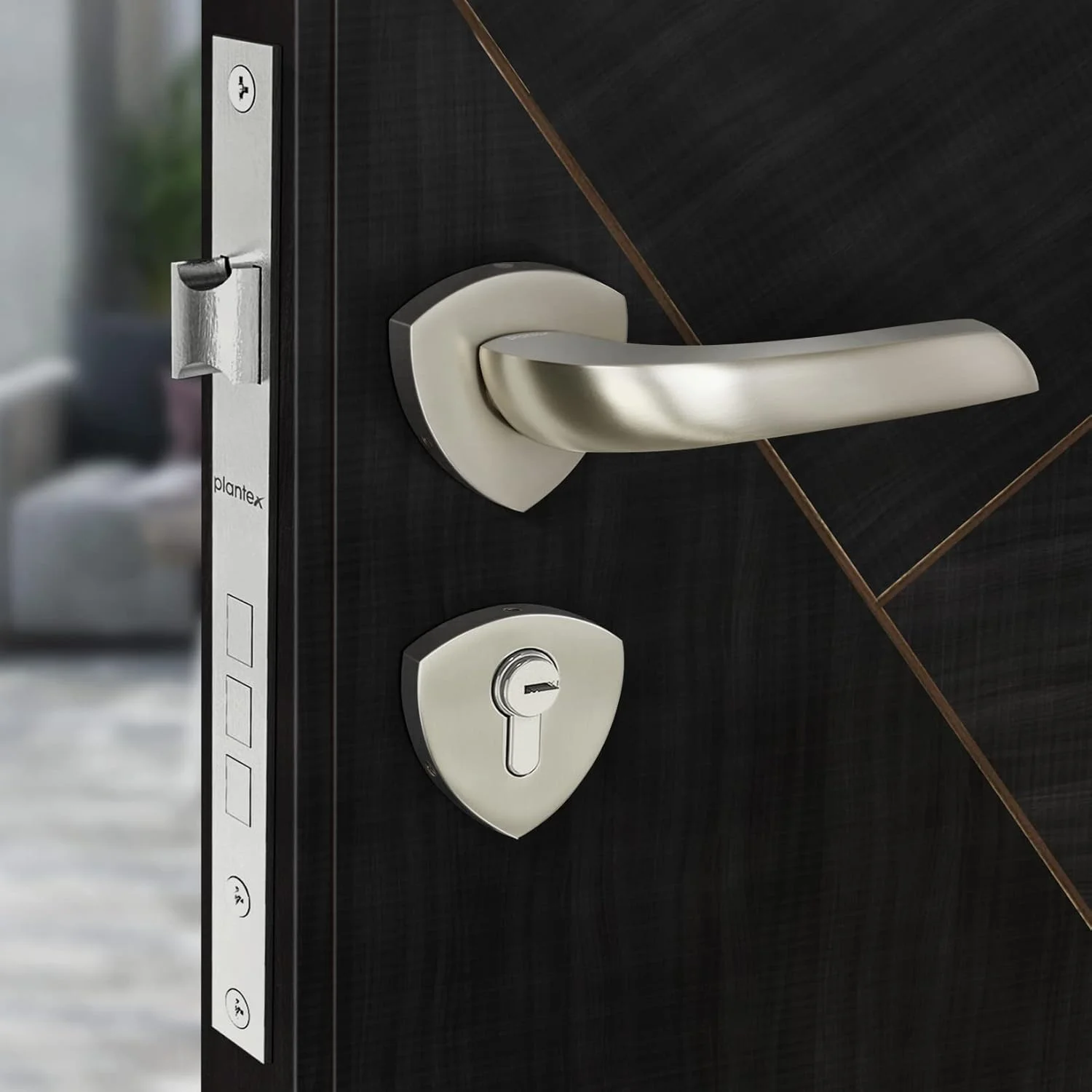 قفل درب برنجی کامل Plantex / قفل درب اصلی برای خانه / قفل زبانه ای برای درب - ست قفل درب اصلی (Sumer-3058, مات)