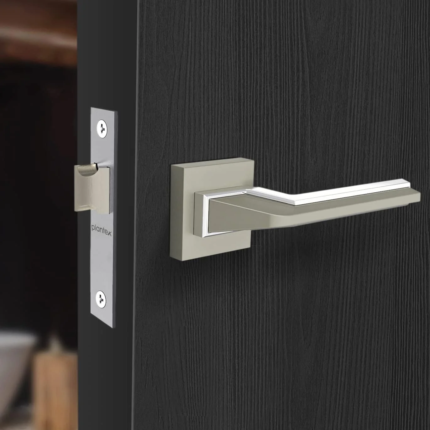 قفل درب سنگین پلنتکس برای حمام/ قفل درب بدون کلید زبانه ای برای انبار/دفتر با قفل کودک - (سفید ساتن و کروم)