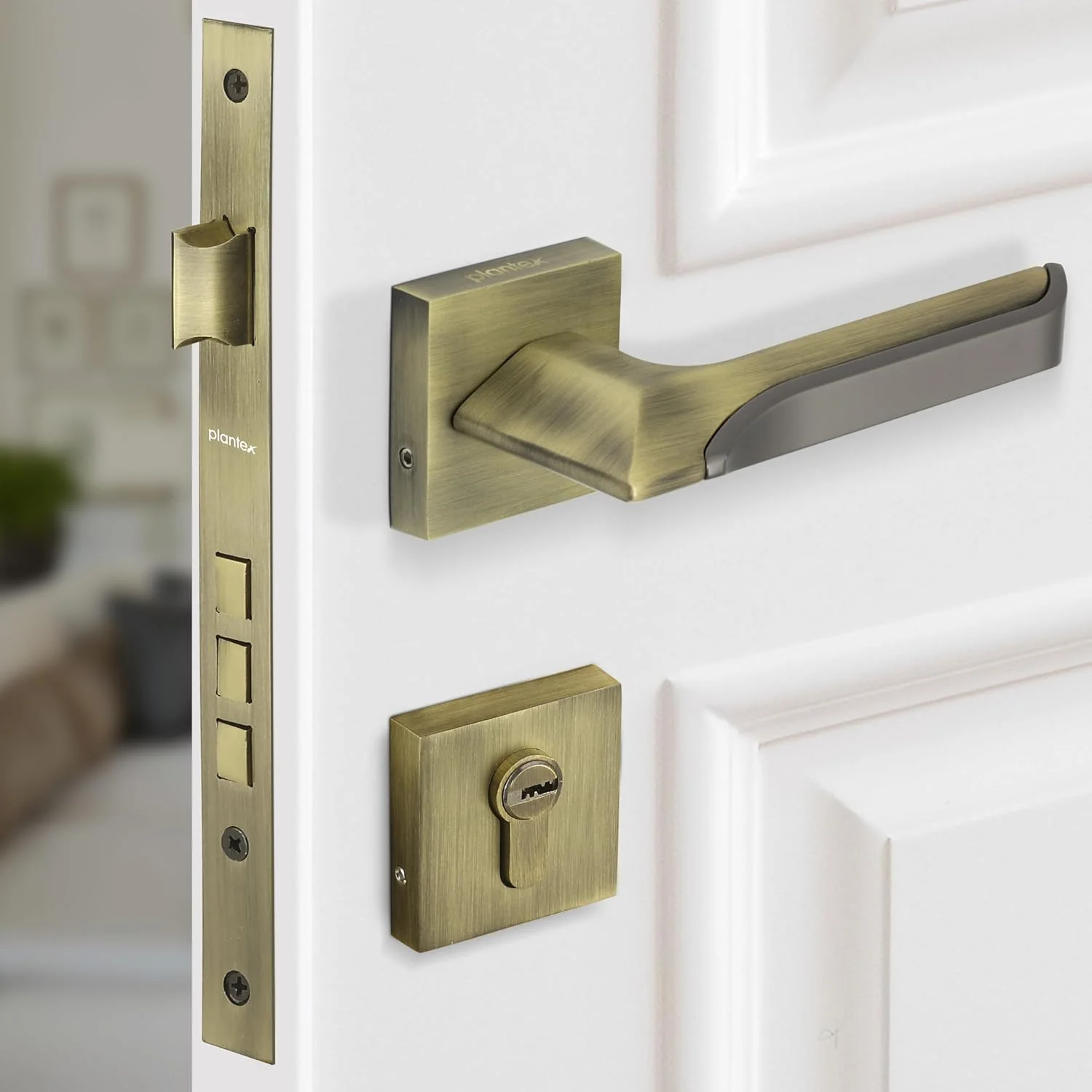 قفل درب پلنتکس پریمیوم / قفل اصلی درب منزل / قفل زبانه دار درب - ست قفل درب اصلی (7082 - برنجی عتیقه / مشکی مات اطلسی)