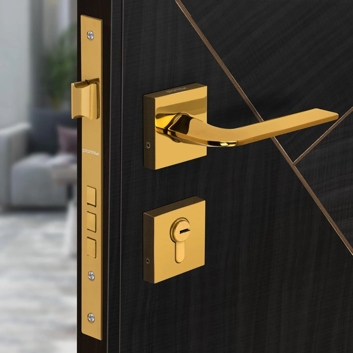 قفل درب برنجی ممتاز Plantex، قفل اصلی درب منزل / قفل زبانه ای درب - ست قفل درب اصلی (7105 - طلایی)