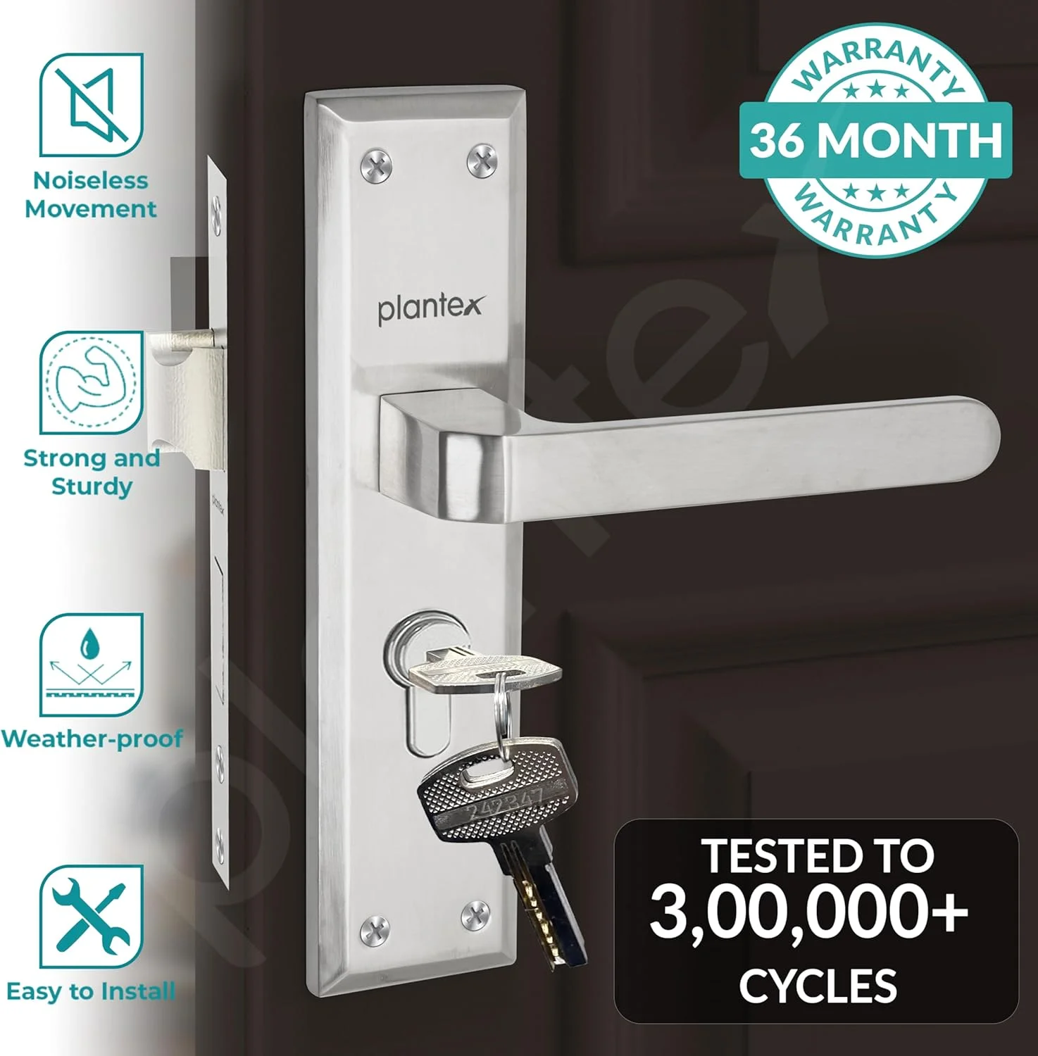 قفل درب سنگین پلنتکس - مجموعه قفل درب اصلی با 3 کلید / قفل زبانه ای برای درب منزل / اداره / هتل (PTP-02 مات) قفل درب سنگین پلنتکس - مجموعه قفل درب اصلی با 3 کلید / قفل زبانه ای برای درب منزل / اداره / هتل (PTP-02 مات)