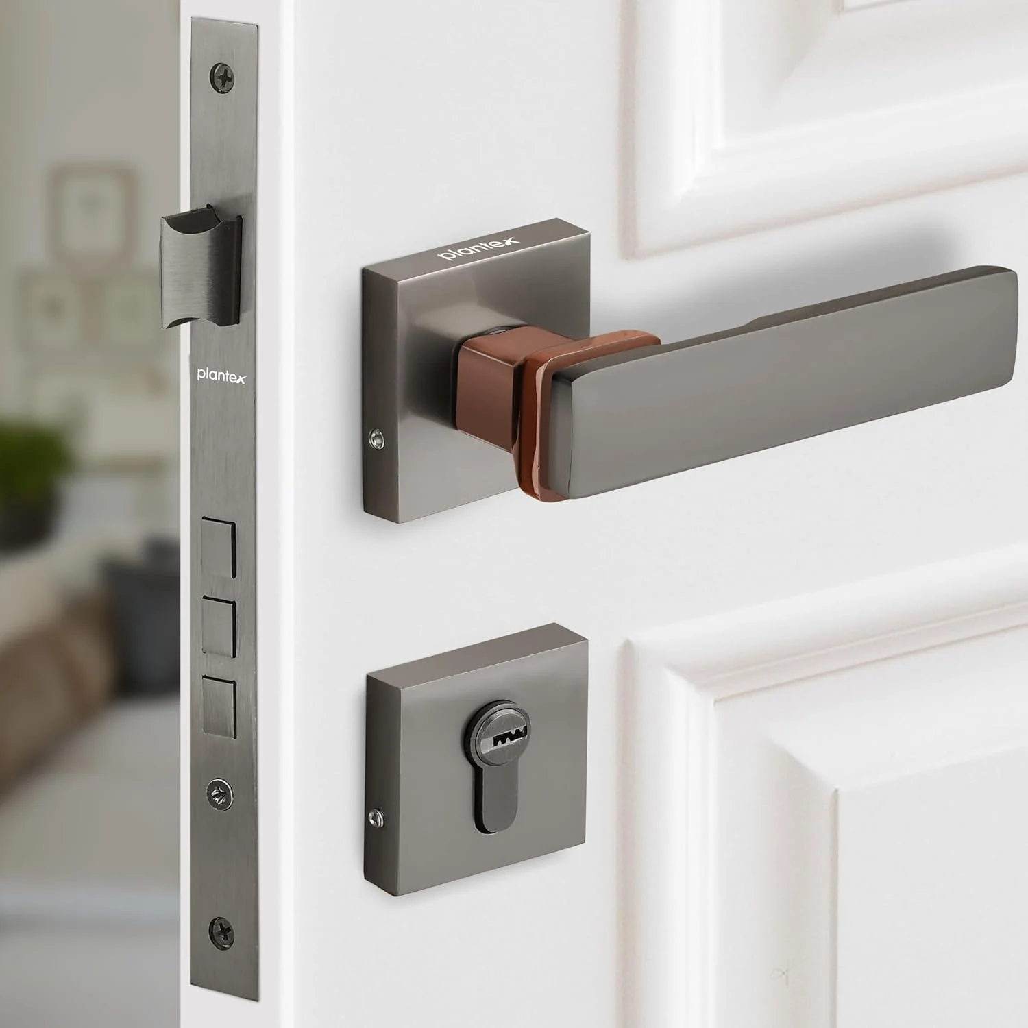 قفل درب سنگین پلنتکس - مجموعه قفل درب اصلی با 3 کلید / قفل زبانه ای برای خانه / دفتر / هتل (7116 - PVD شکلاتی و مشکی ساتن)