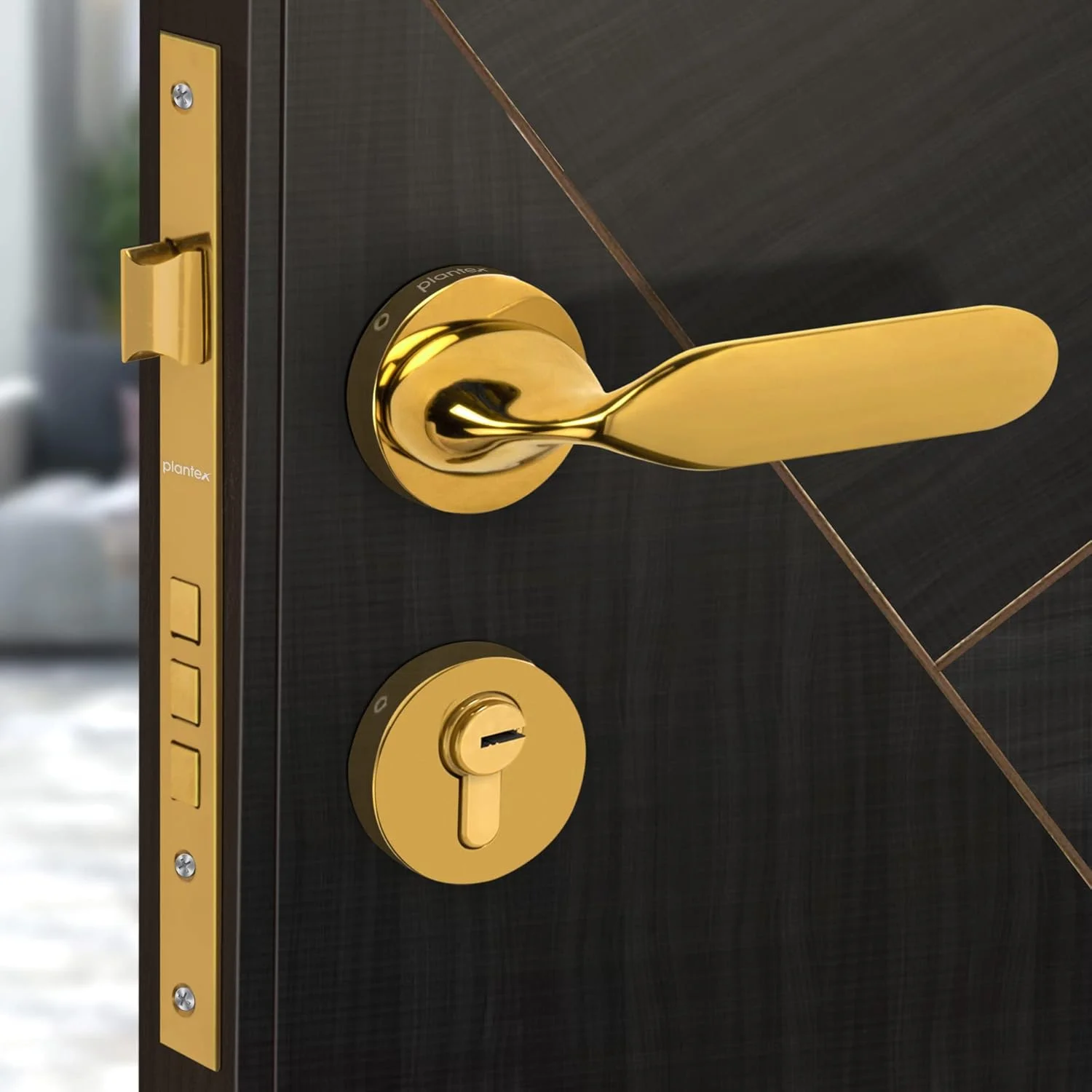 قفل درب سه گانه امنیتی Plantex برای خانه/ مجموعه قفل درب اصلی با بدنه و سیلندر قفل برنجی (7106-طلایی)