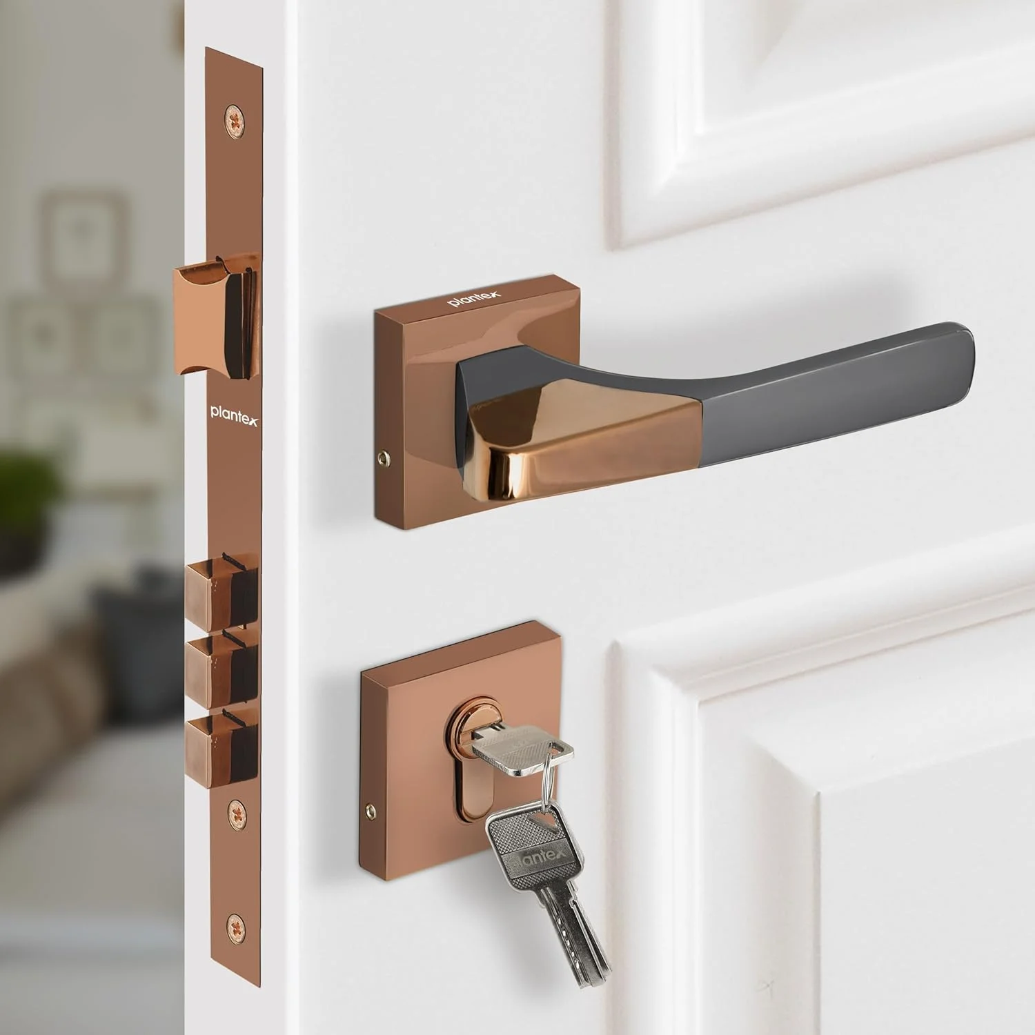 قفل درب سنگین پلنتکس - مجموعه قفل درب اصلی با 3 کلید / قفل زبانه ای برای خانه / دفتر / هتل (7114 - شکلاتی PVD و مشکی ساتن)