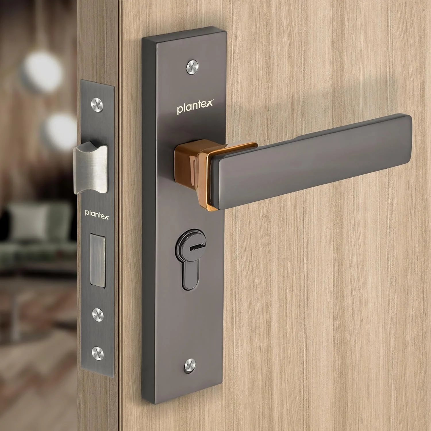 قفل درب سنگین پلنتکس - قفل اصلی درب به همراه 3 کلید / قفل زبانه دار برای خانه / دفتر / هتل (8116 - مشکی ساتن و شکلاتی PVD)