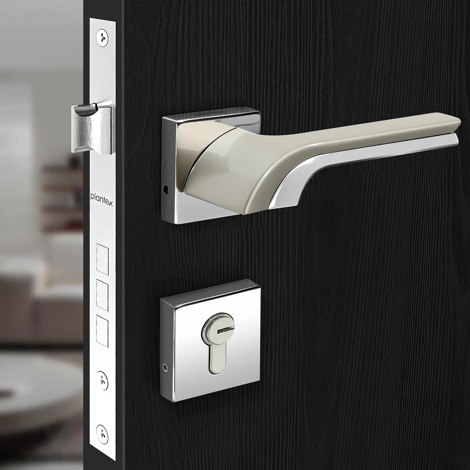 قفل درب اصلی Plantex / قفل زبانه ای برای درب - قفل درب مستحکم برای خانه با بدنه و سیلندر قفل برنجی (7094 - سفید ساتن و کروم)