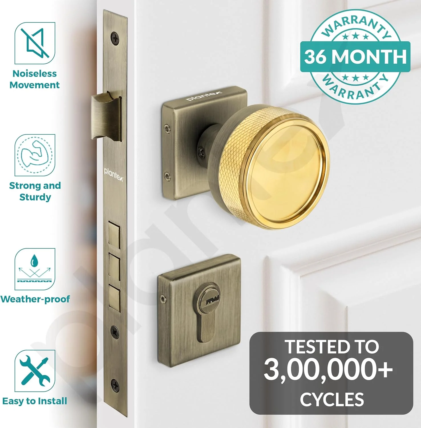 قفل درب Plantex / قفل دستگیره درب اصلی سنگین با 3 کلید / قفل زبانه دار درب برای خانه / دفتر / هتل - (طلایی PVD و برنج عتیقه) قفل درب Plantex / قفل دستگیره درب اصلی سنگین با 3 کلید / قفل زبانه دار درب برای خانه / دفتر / هتل - (طلایی PVD و برنج عتیقه)