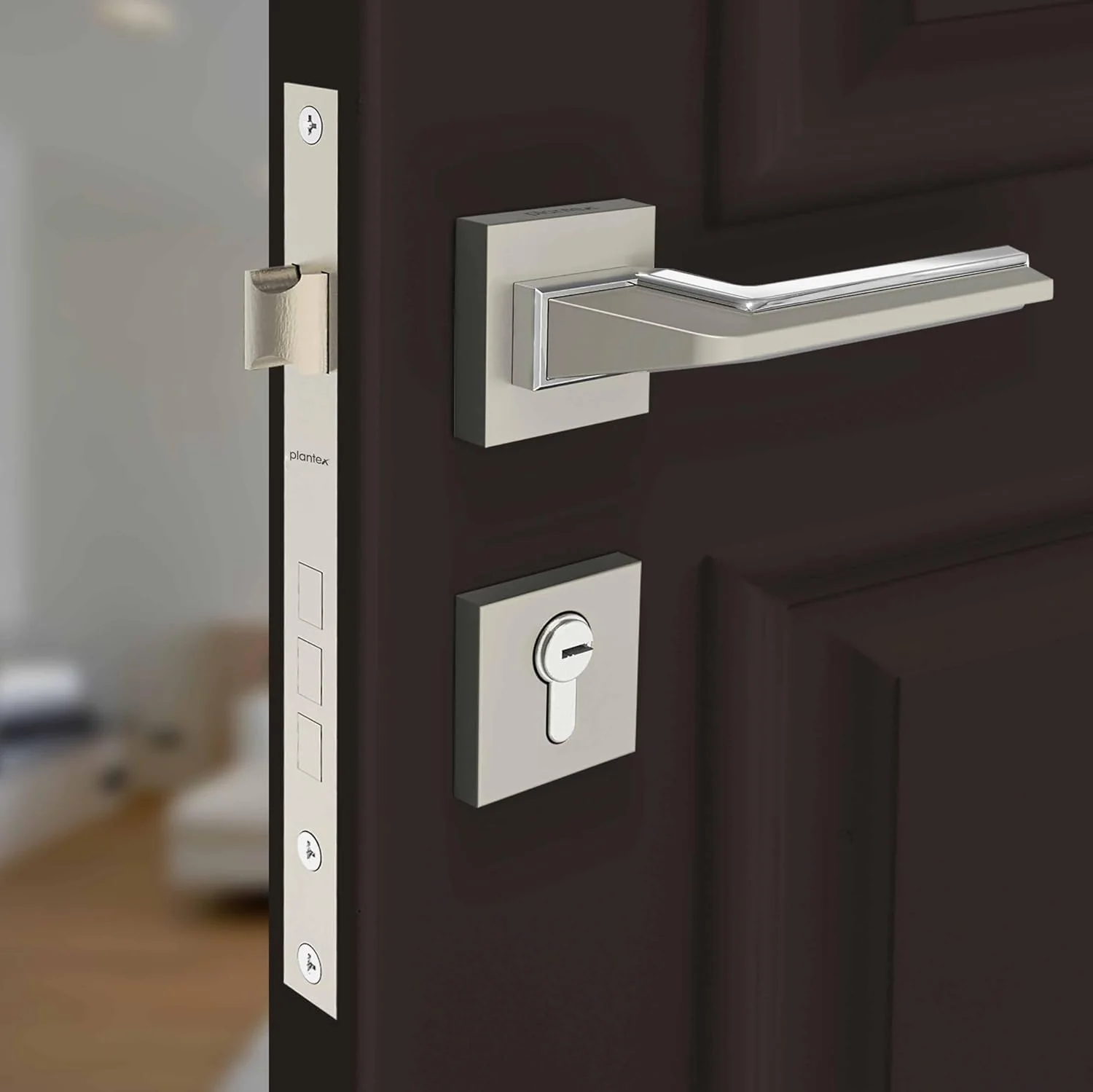 دستگیره قفل زبانه ای ایمن Plantex از جنس آلیاژ روی / دستگیره زبانه ای به همراه مجموعه بدنه قفل / قفل درب / دستگیره با قفل کامپیوتری دو مرحله ای - 3 کلید (سفید ساتن و کروم)